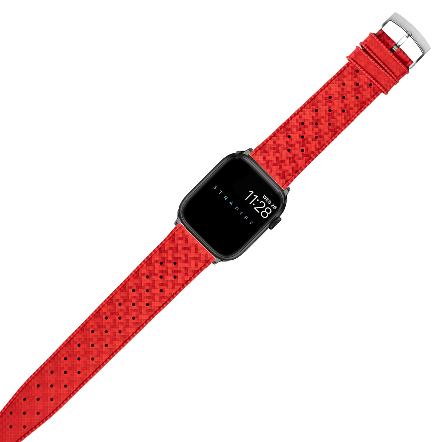 Red perforated FKM rubber sport watch band with silver buckle for Apple Watch on black smartwatch display