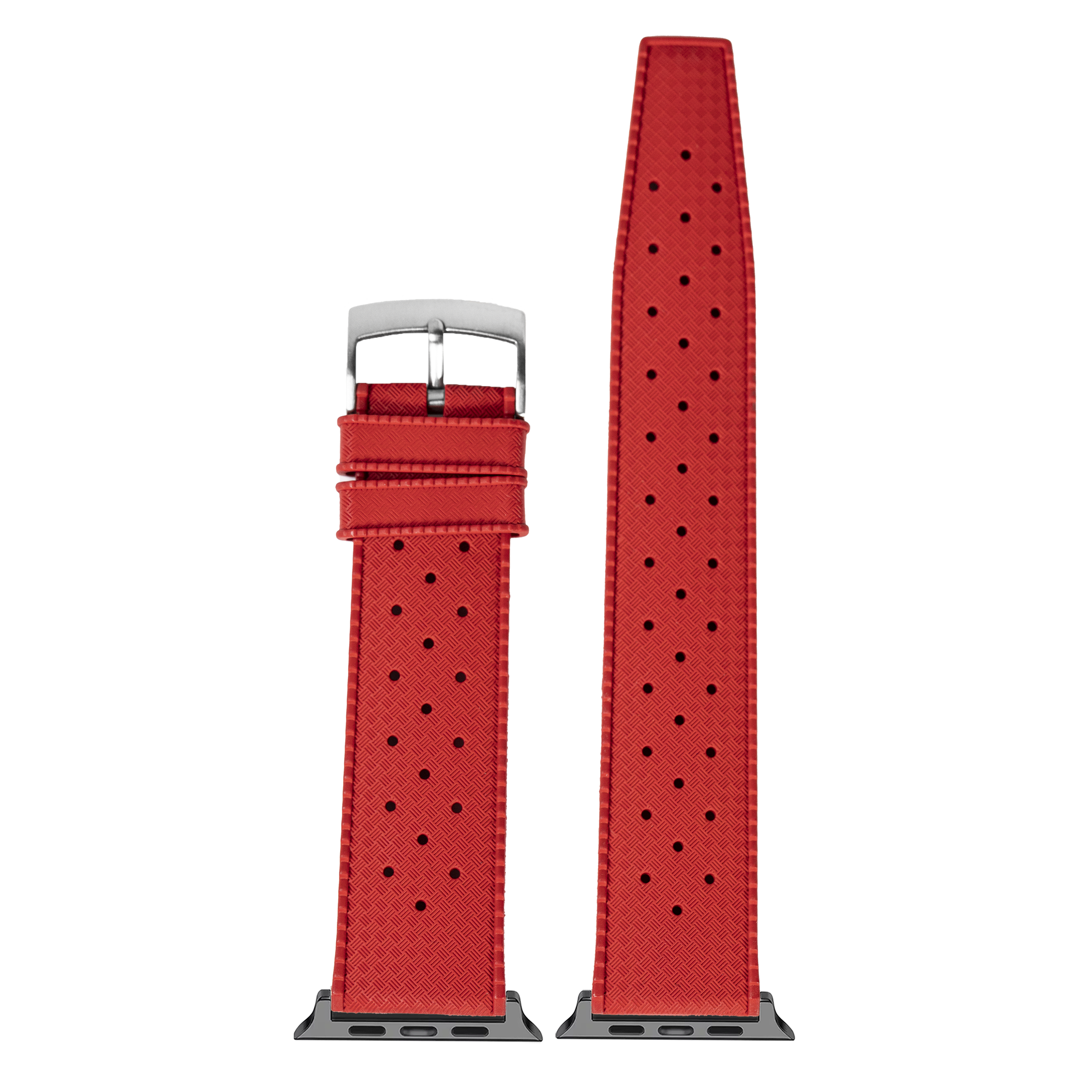 Red FKM rubber smartwatch band with perforated ventilation holes and stainless steel buckle for Apple Watch