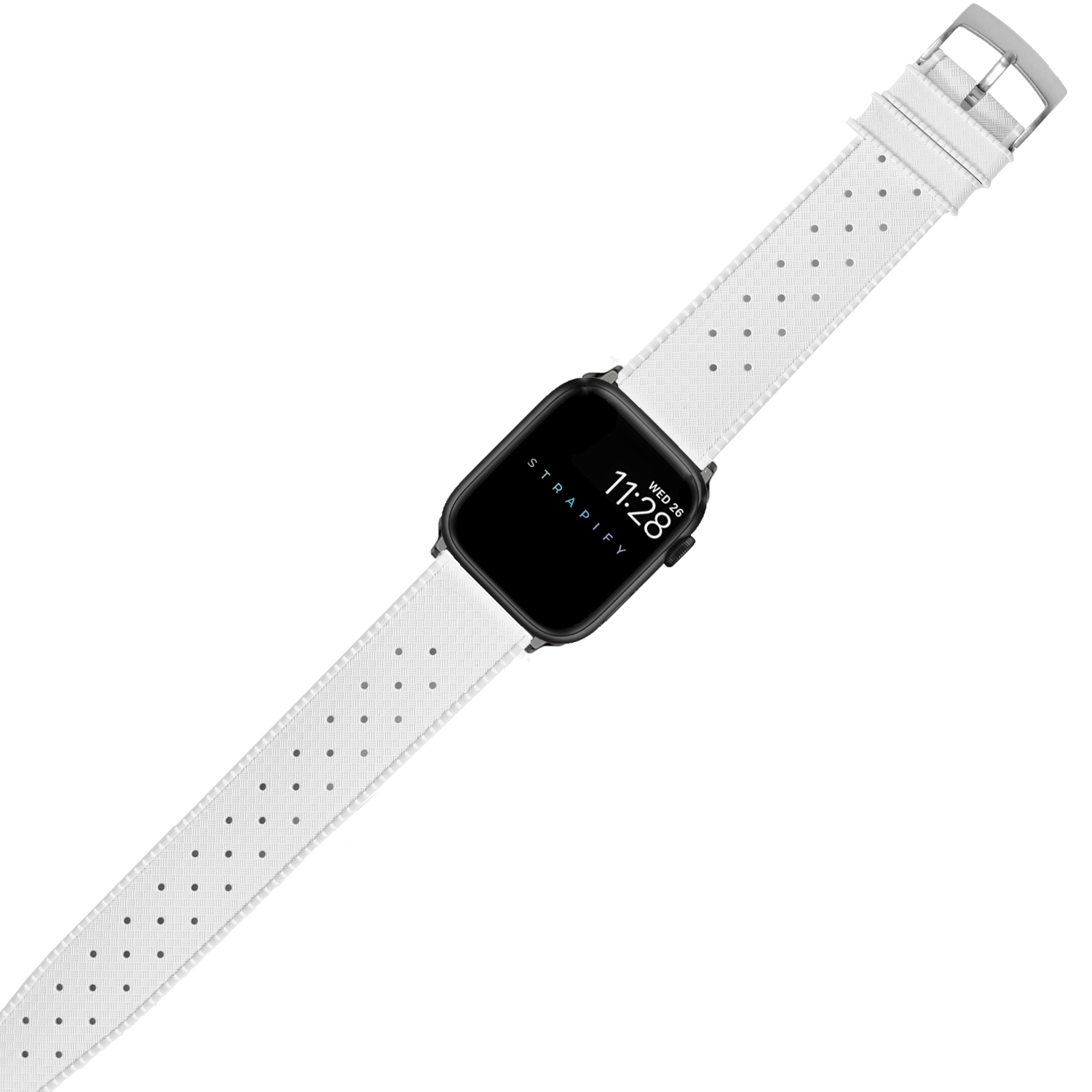 White perforated FKM rubber sport watch band with black square smartwatch case displaying time, isolated on white background