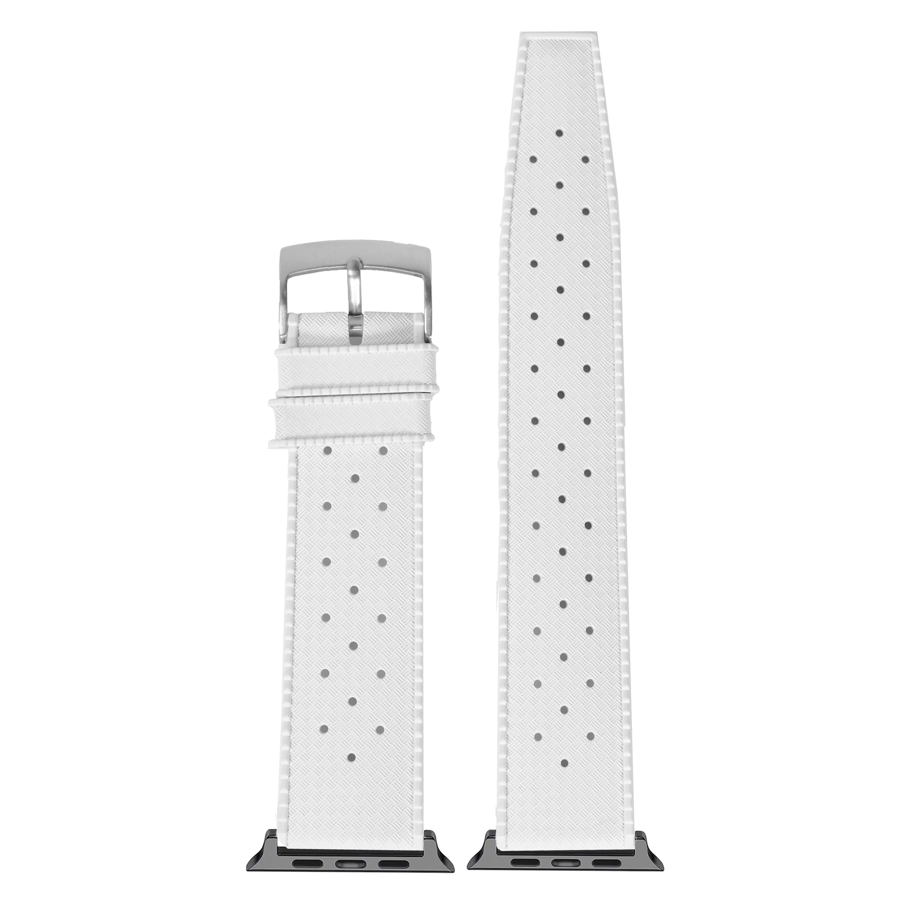 White perforated FKM rubber Apple Watch band with silver buckle and connector adapters