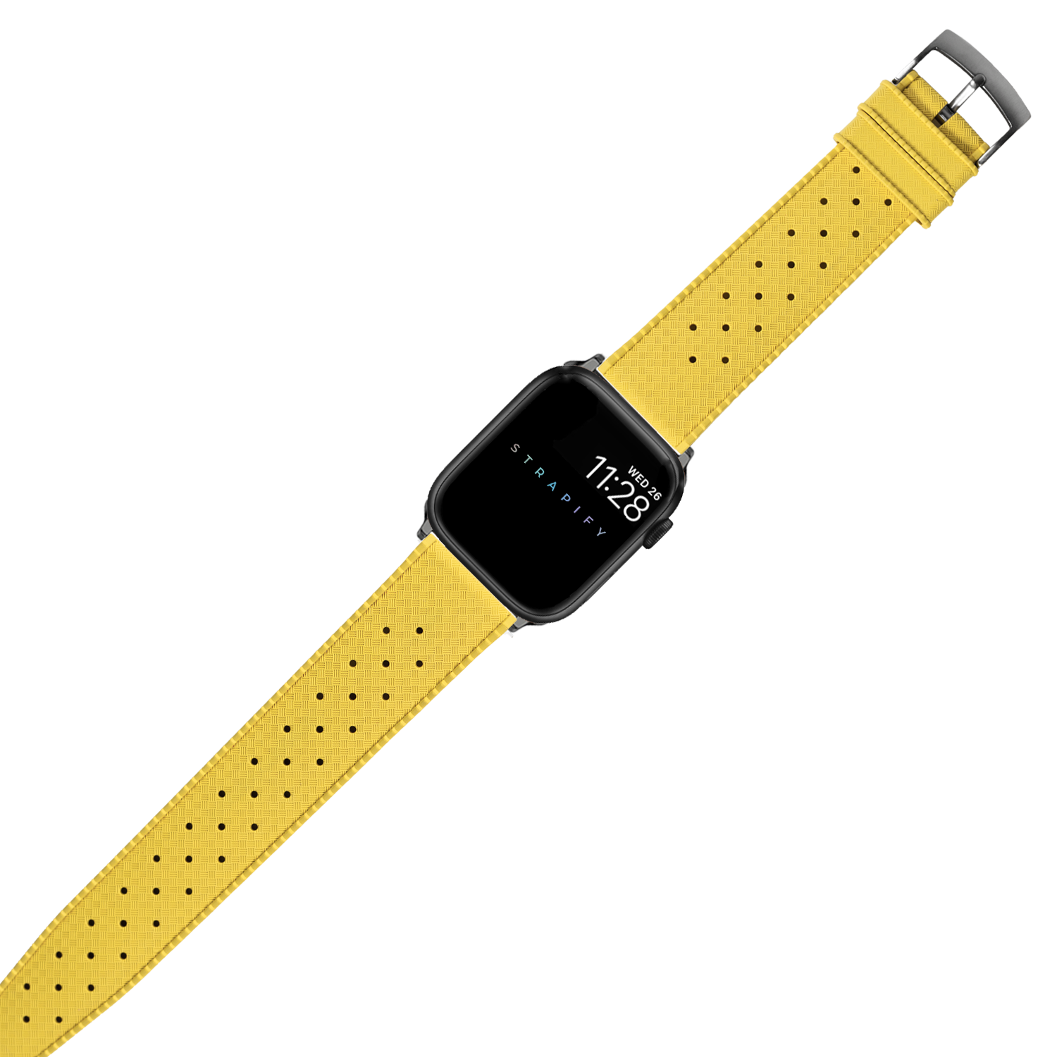 Yellow perforated silicone sport watch band with gunmetal buckle for Apple Watch, displayed on black smartwatch showing time 11:28