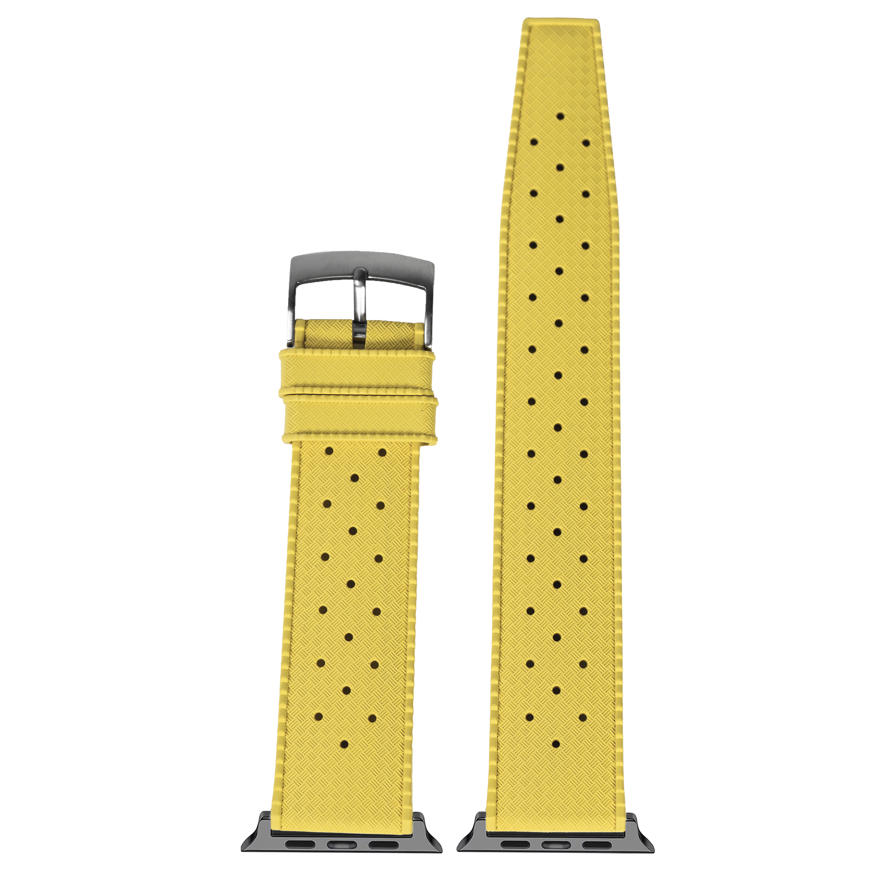 Yellow perforated FKM rubber smartwatch band with gunmetal buckle and connector adapters for Apple Watch