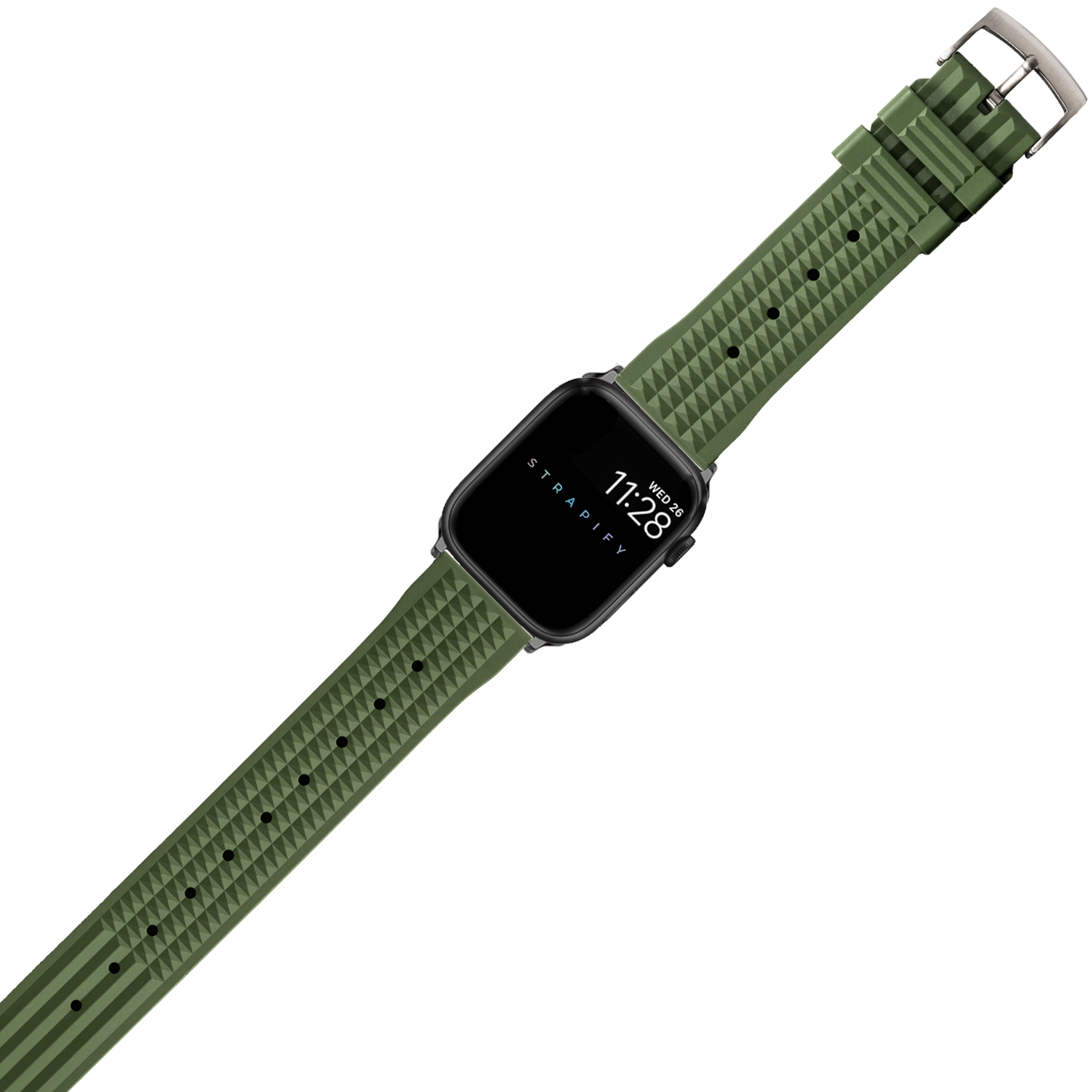 Black Apple Watch with army green waffle pattern FKM rubber band and stainless steel buckle