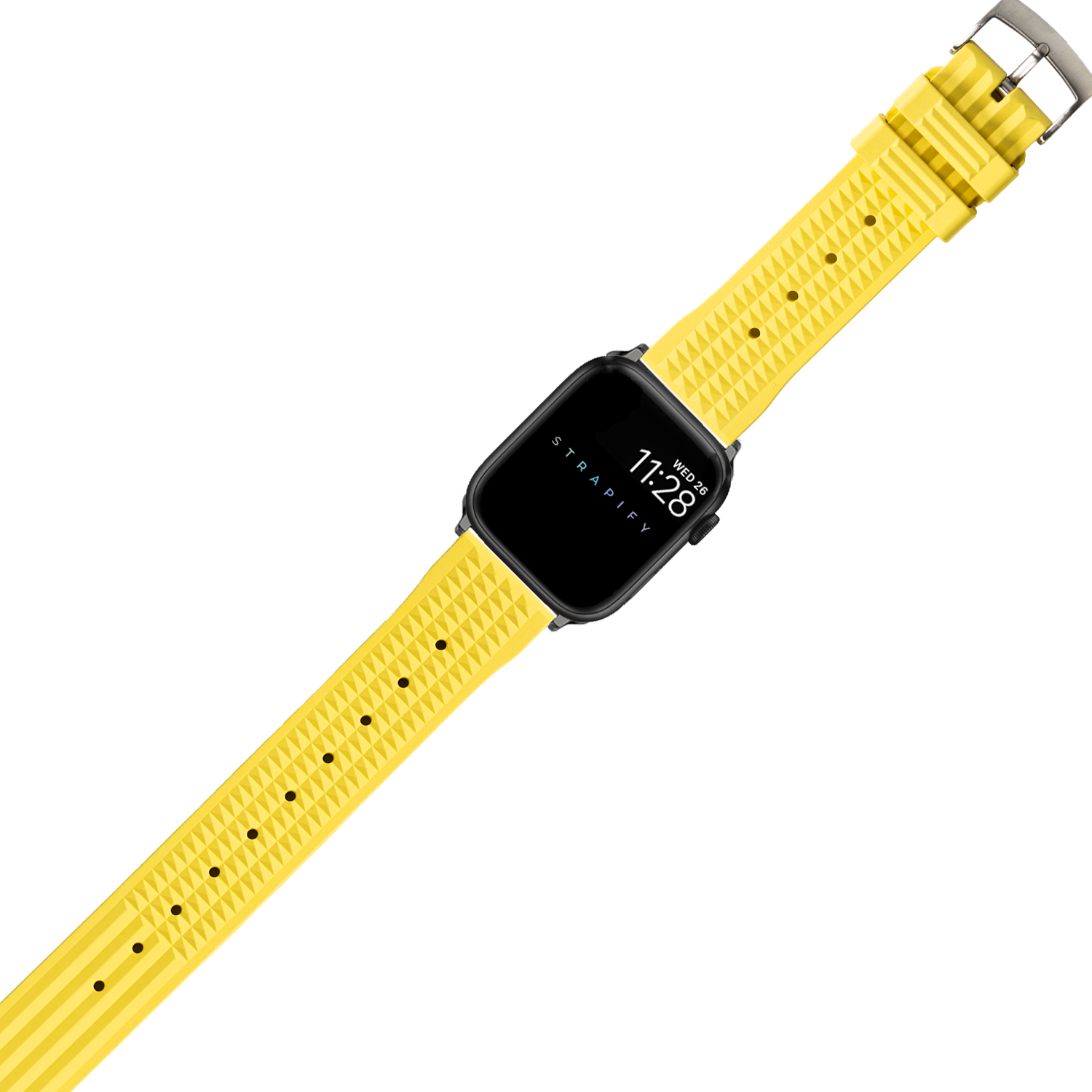 Black smartwatch with banana yellow textured FKM rubber band and silver buckle clasp