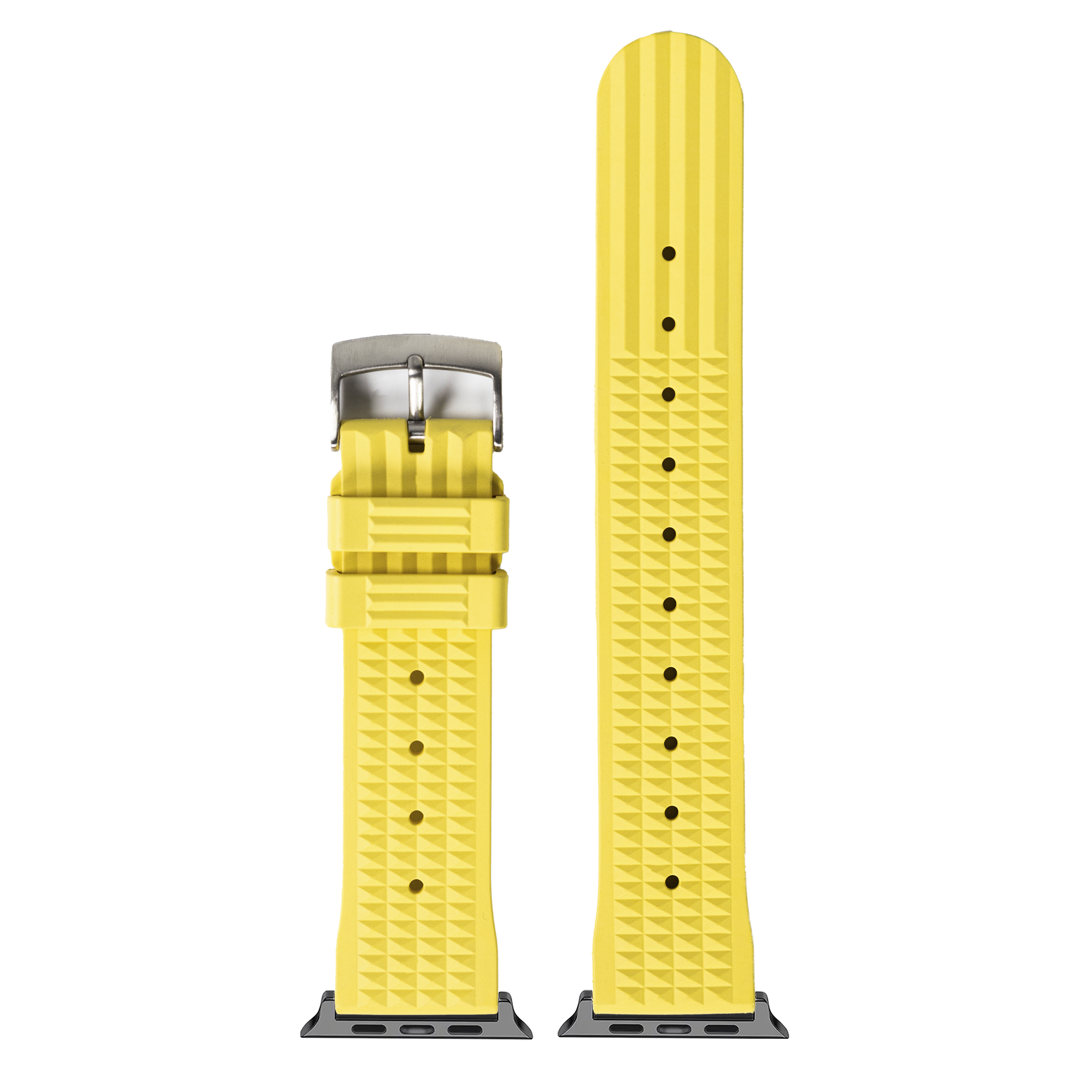 Bright banana yellow FKM rubber smartwatch band with waffle texture pattern and black adjustment holes, displayed extended and folded with silver buckle