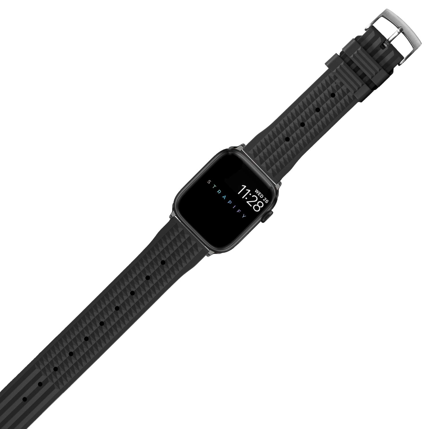 Black FKM rubber watch band with textured waffle pattern and metal buckle for Apple Watch