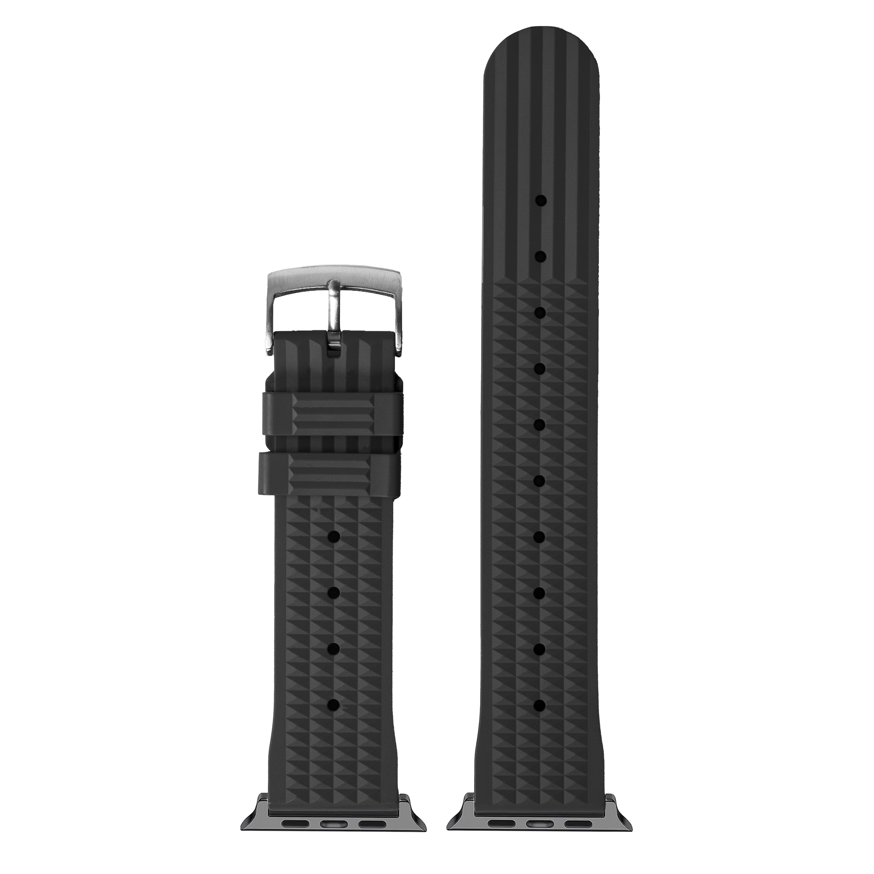 Black waffle textured FKM rubber watch band with silver buckle for Apple Watch, shown in two sizes