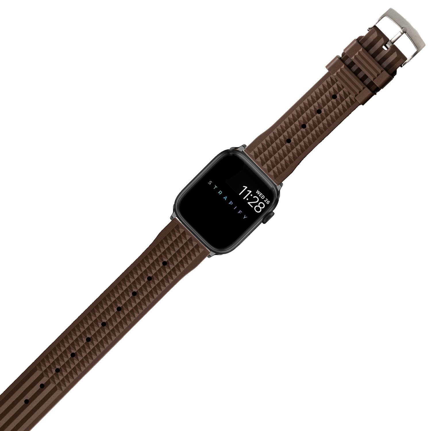 Black smartwatch with coffee brown waffle-textured FKM rubber strap and silver buckle displaying time 7:28