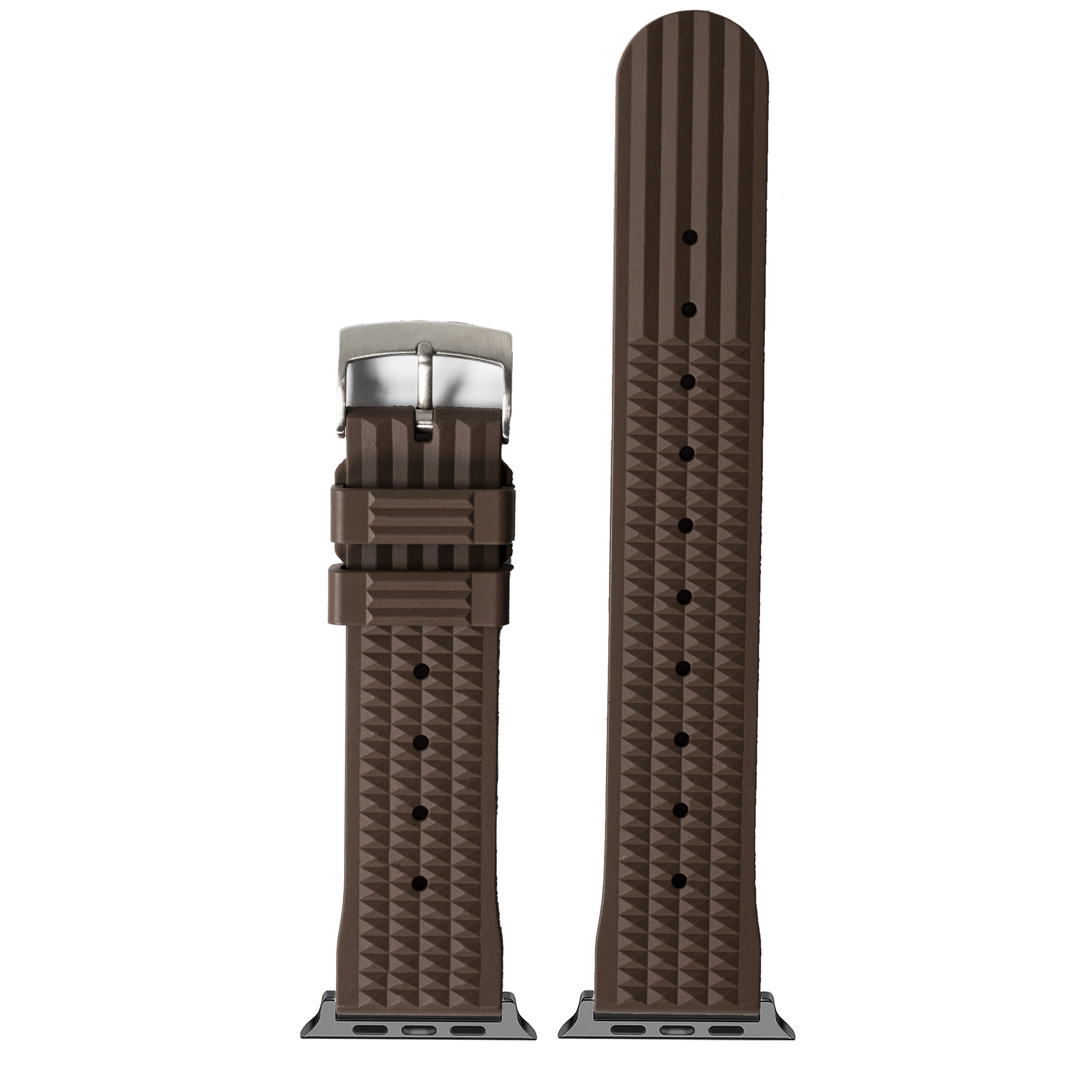 Brown textured FKM rubber smartwatch band with silver buckle and adjustment holes displayed in two lengths