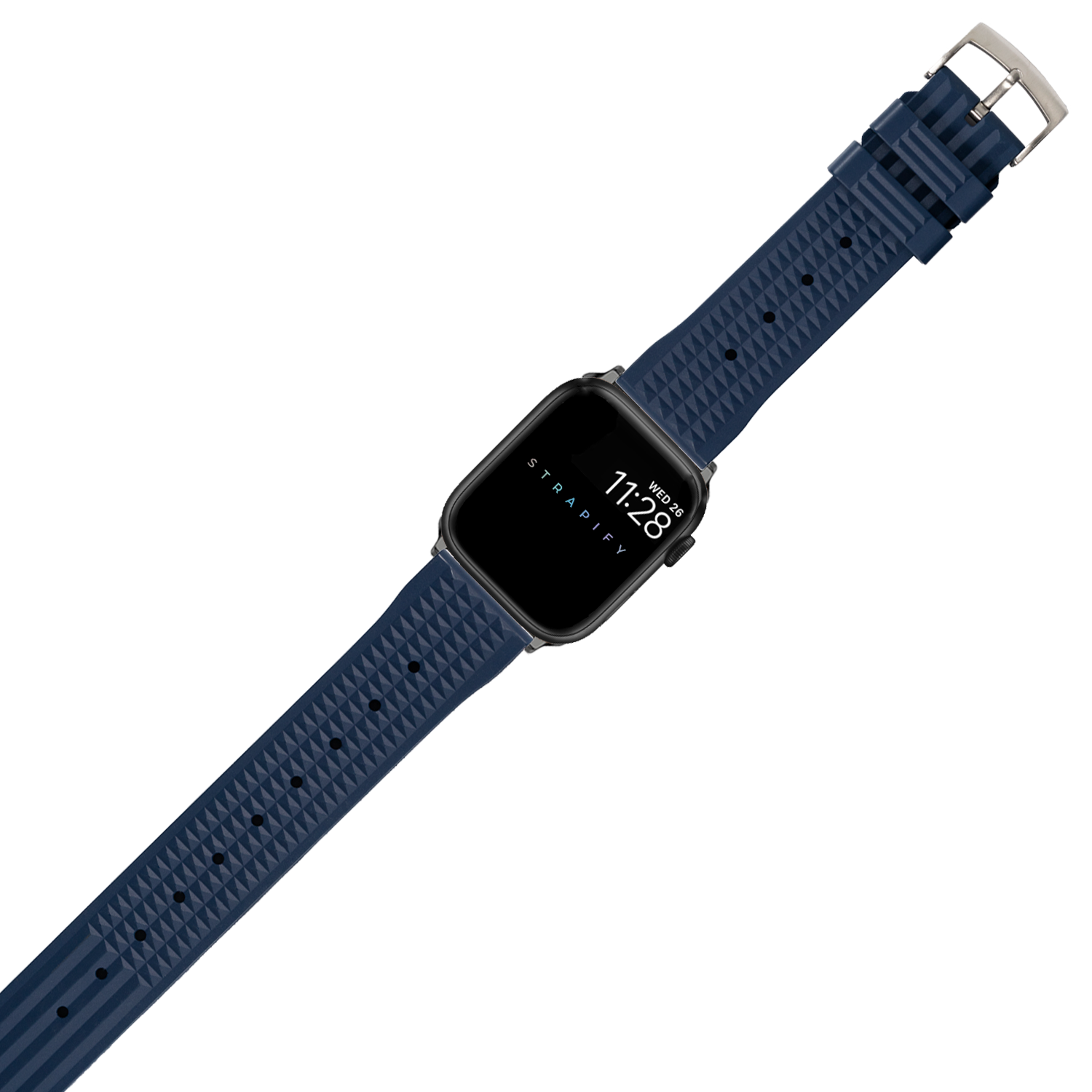 Navy blue FKM rubber waffle band for Apple Watch with silver buckle and textured strap detail