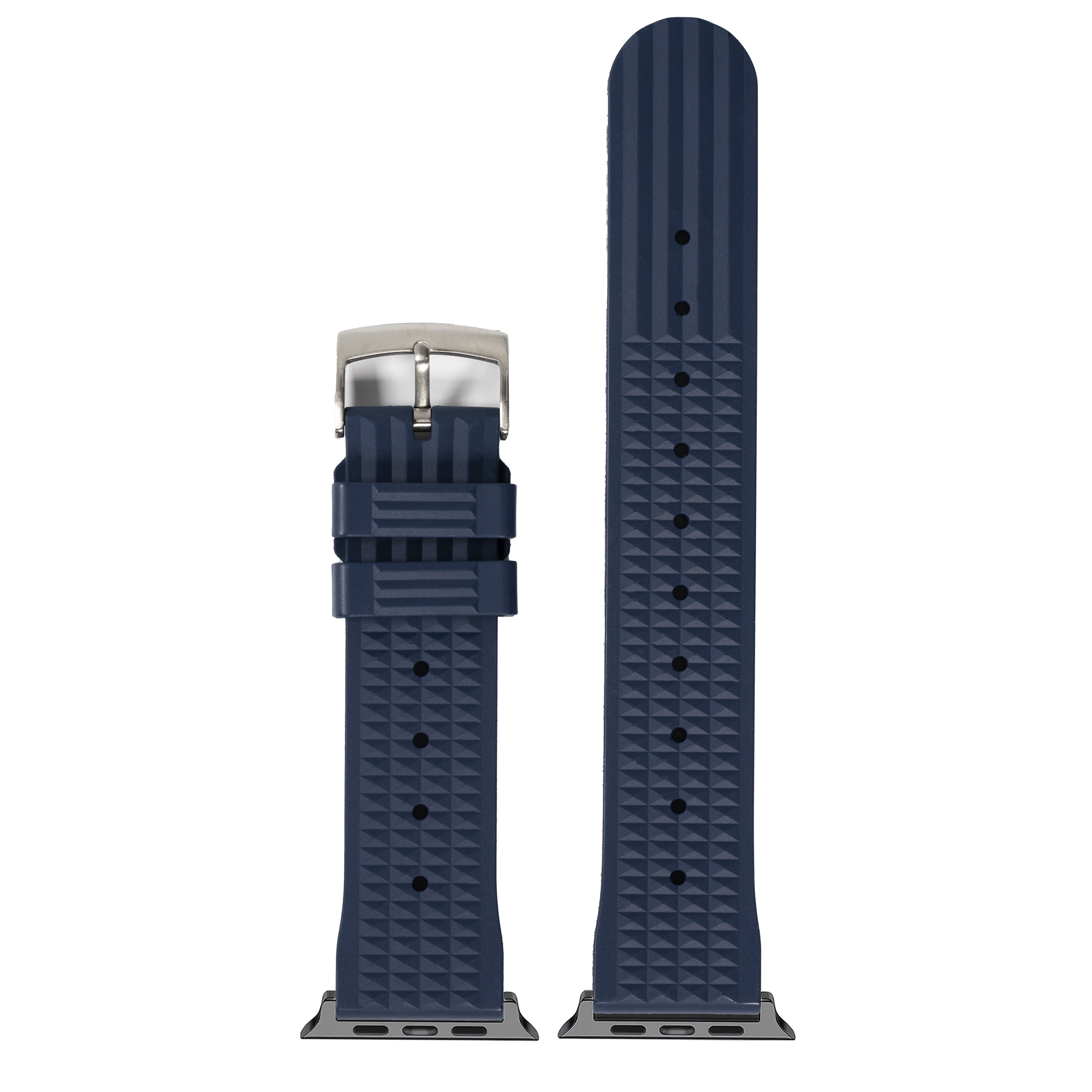 Navy blue rubber smartwatch band with waffle texture pattern and silver buckle, shown assembled and unattached