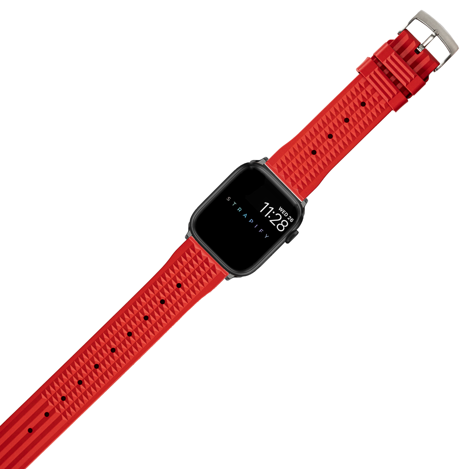 Red silicone sport watch band with textured waffle pattern and stainless steel buckle for Apple Watch