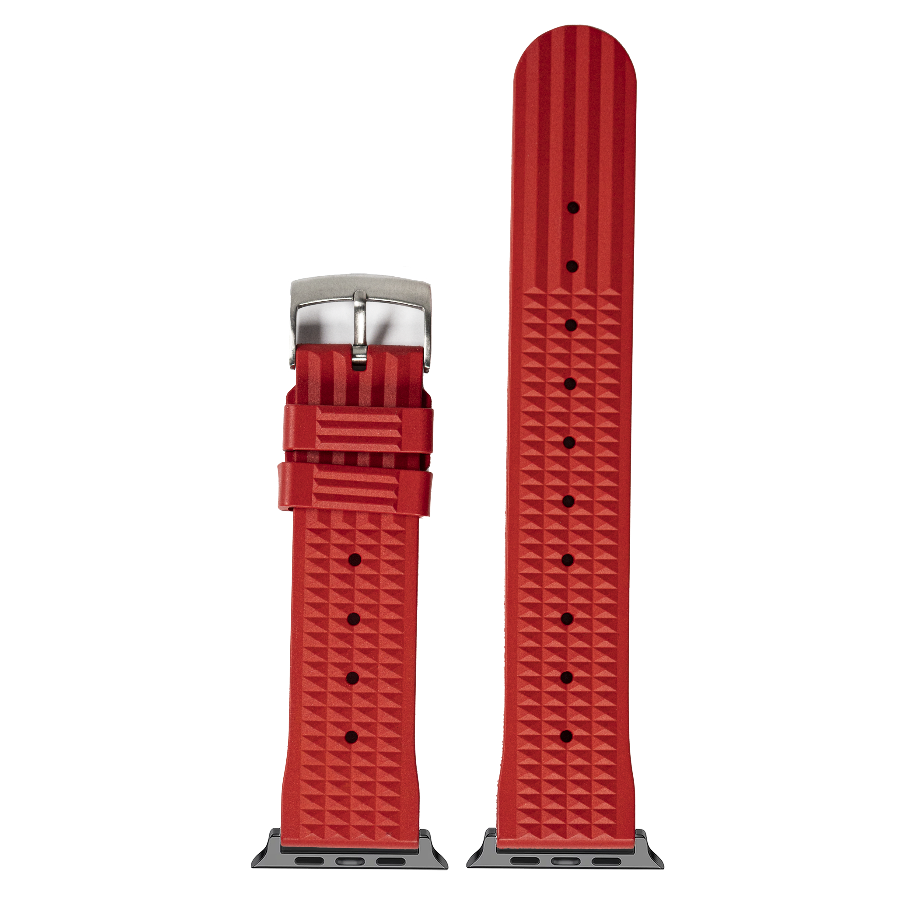 Red waffle textured FKM rubber smartwatch band with silver buckle and black dot pattern adjustment holes
