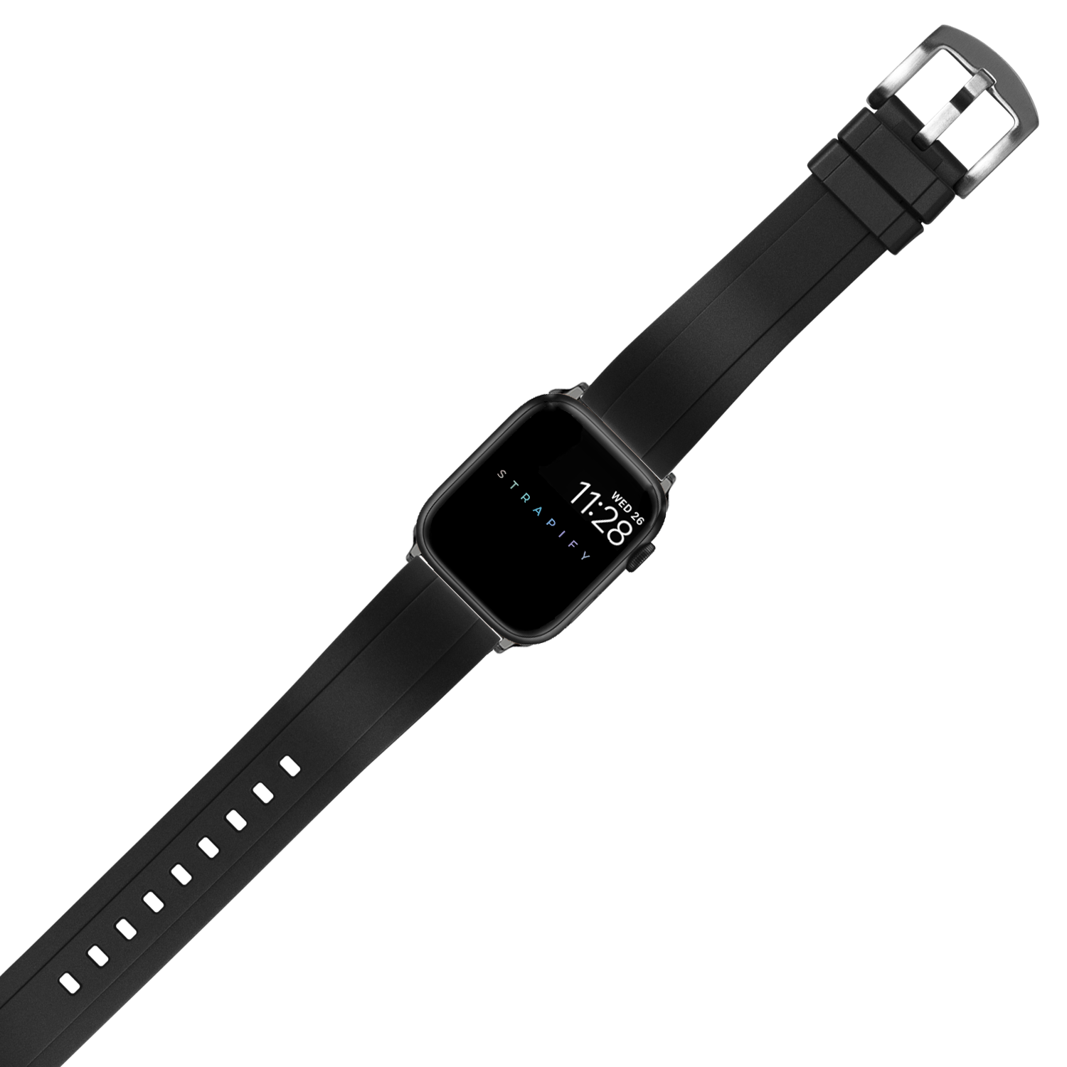 Black smartwatch with square display showing time 7:28, silicone sport band with pin buckle closure and adjustment holes