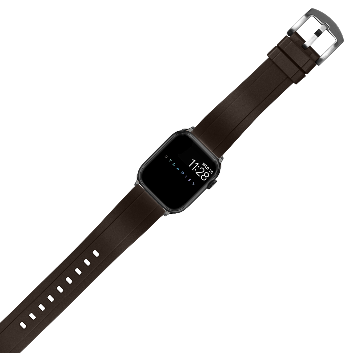 Black smartwatch with brown rubber sport band and silver buckle displaying time and date