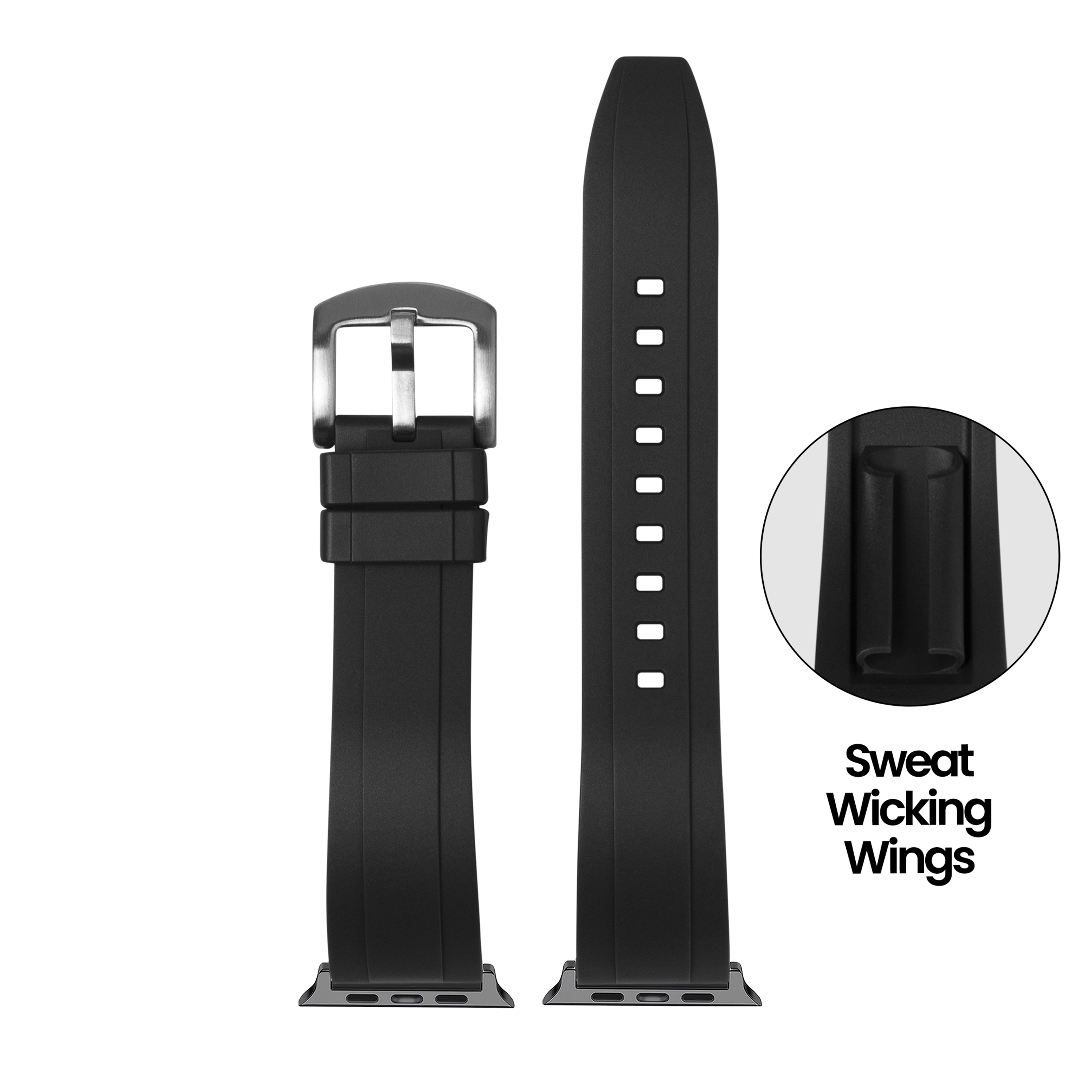 Black FKM rubber smartwatch band with stainless steel buckle and sweat-wicking design for Apple Watch