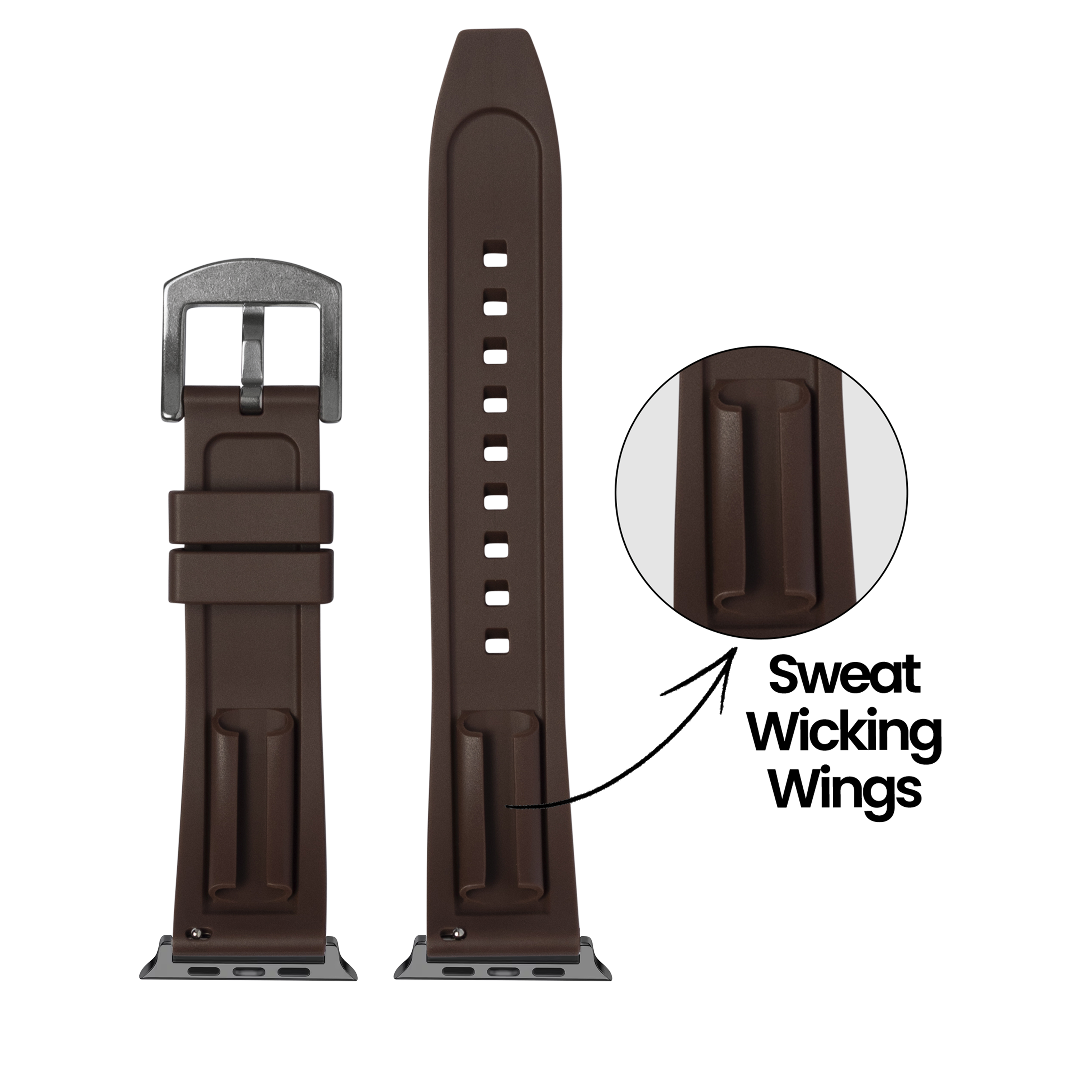 Brown FKM rubber smartwatch band with sweat-wicking wings, silver buckle, and adjustable holes for secure fit