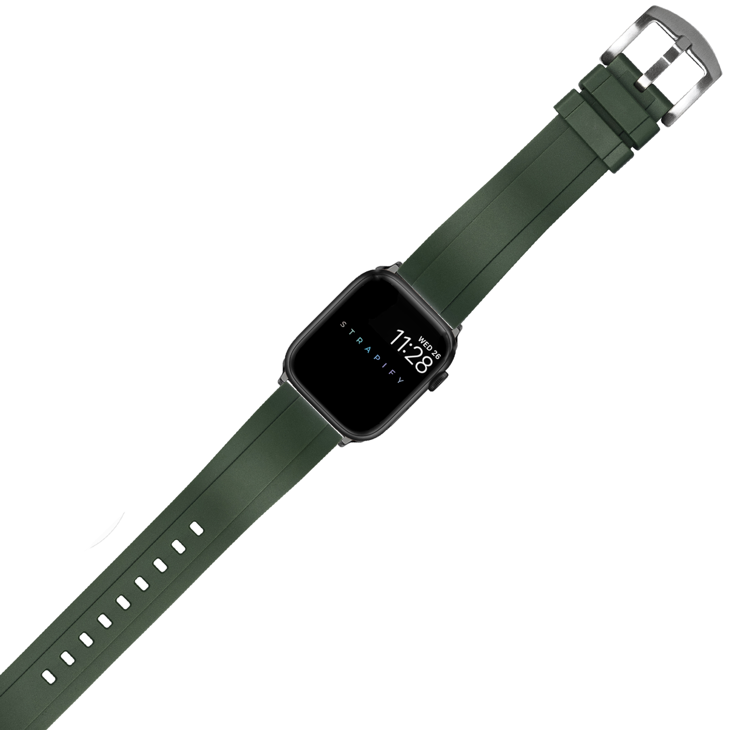 Apple Watch with forest green FKM rubber sport band and stainless steel buckle, square display showing time