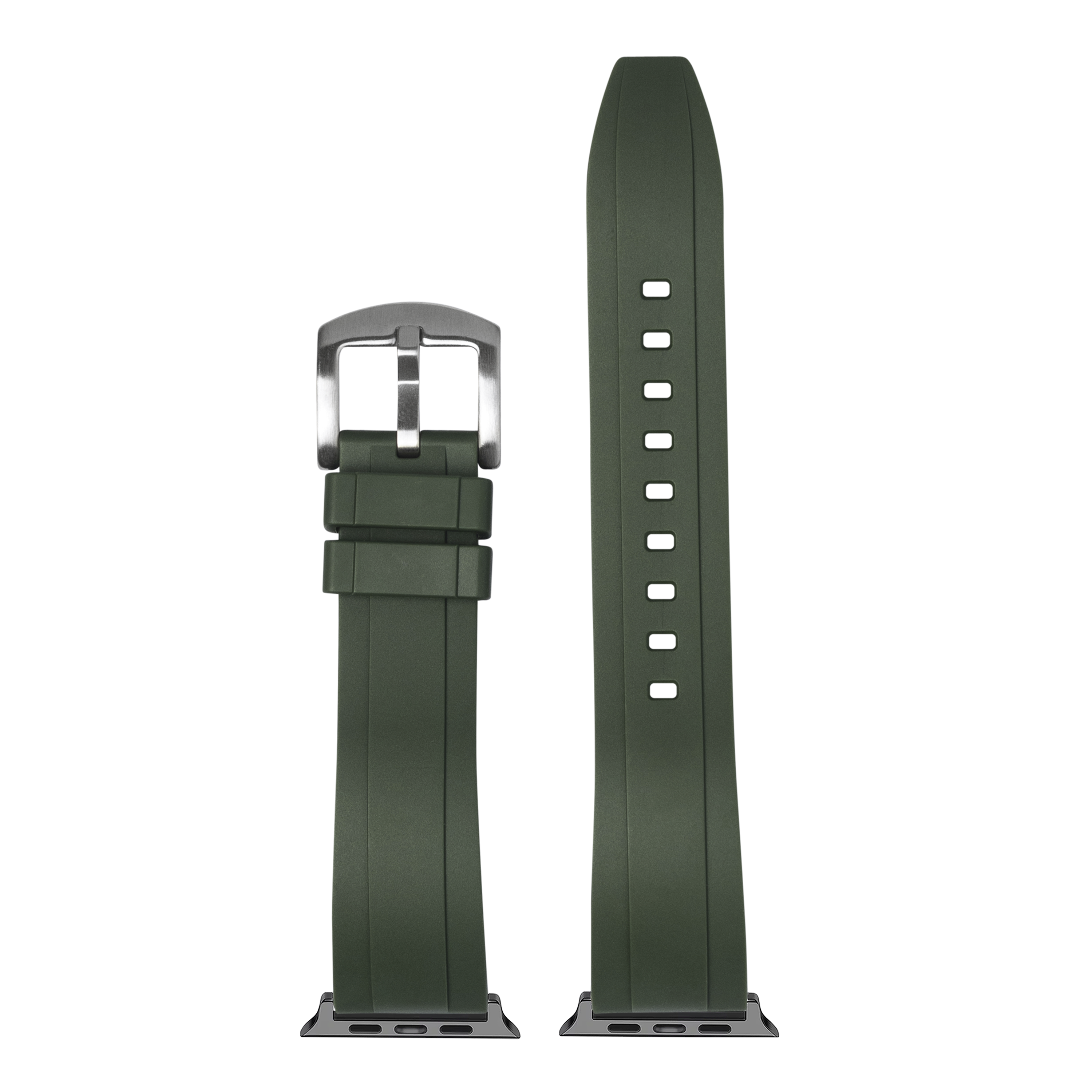 Forest green FKM rubber smartwatch band with stainless steel buckle and connector lugs