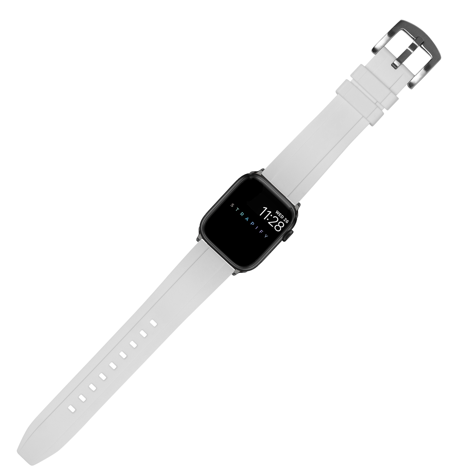 Black smartwatch with white silicone sport band and digital display showing time 11:28