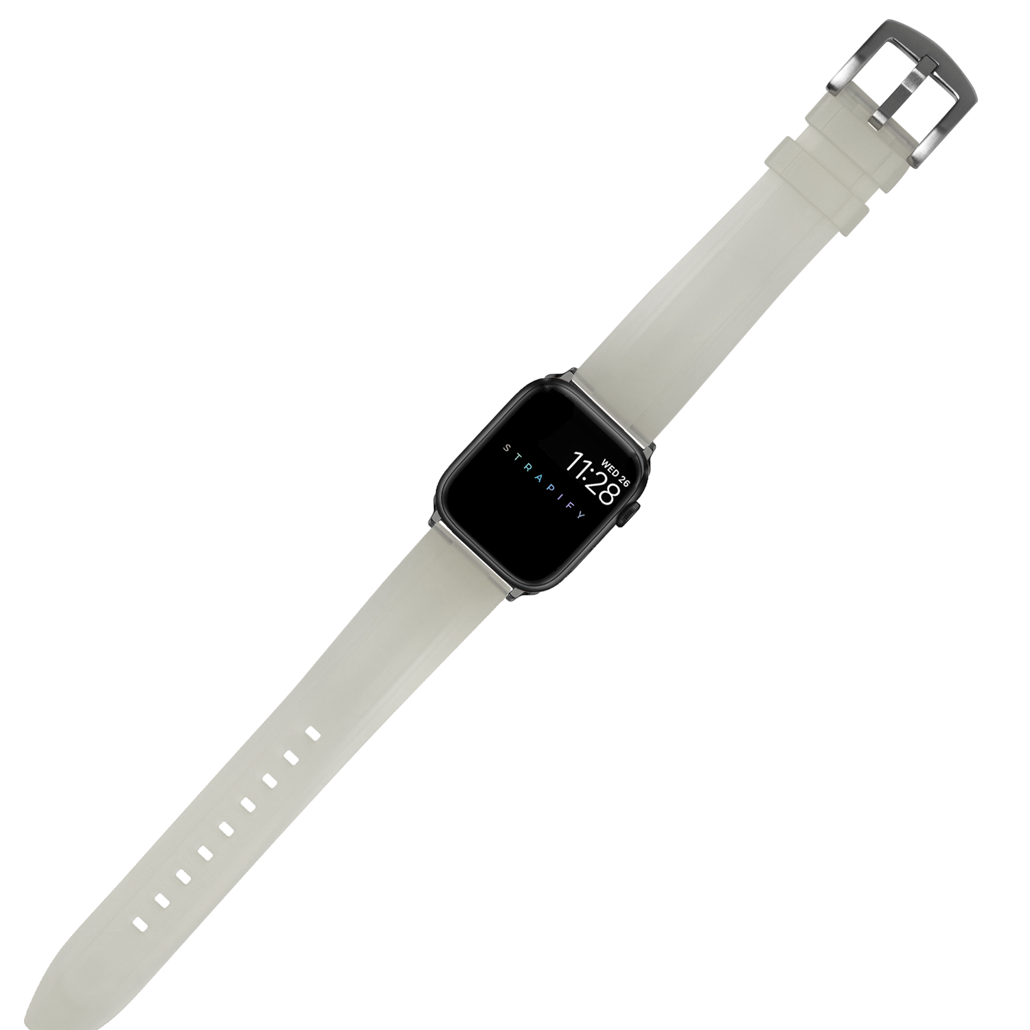 Smartwatch with black square face and white silicone band with pin buckle, displaying time 11:28