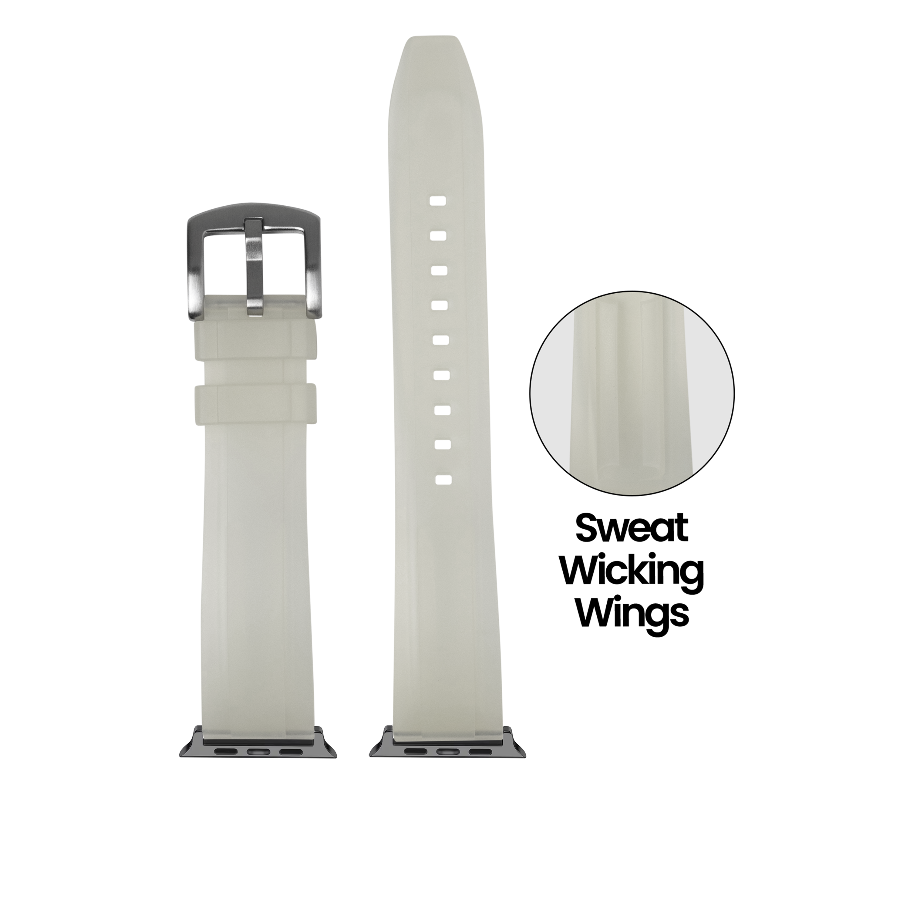 Jellyfish white FKM rubber Apple Watch band with sweat wicking wings, metal buckle, and sport loop holes