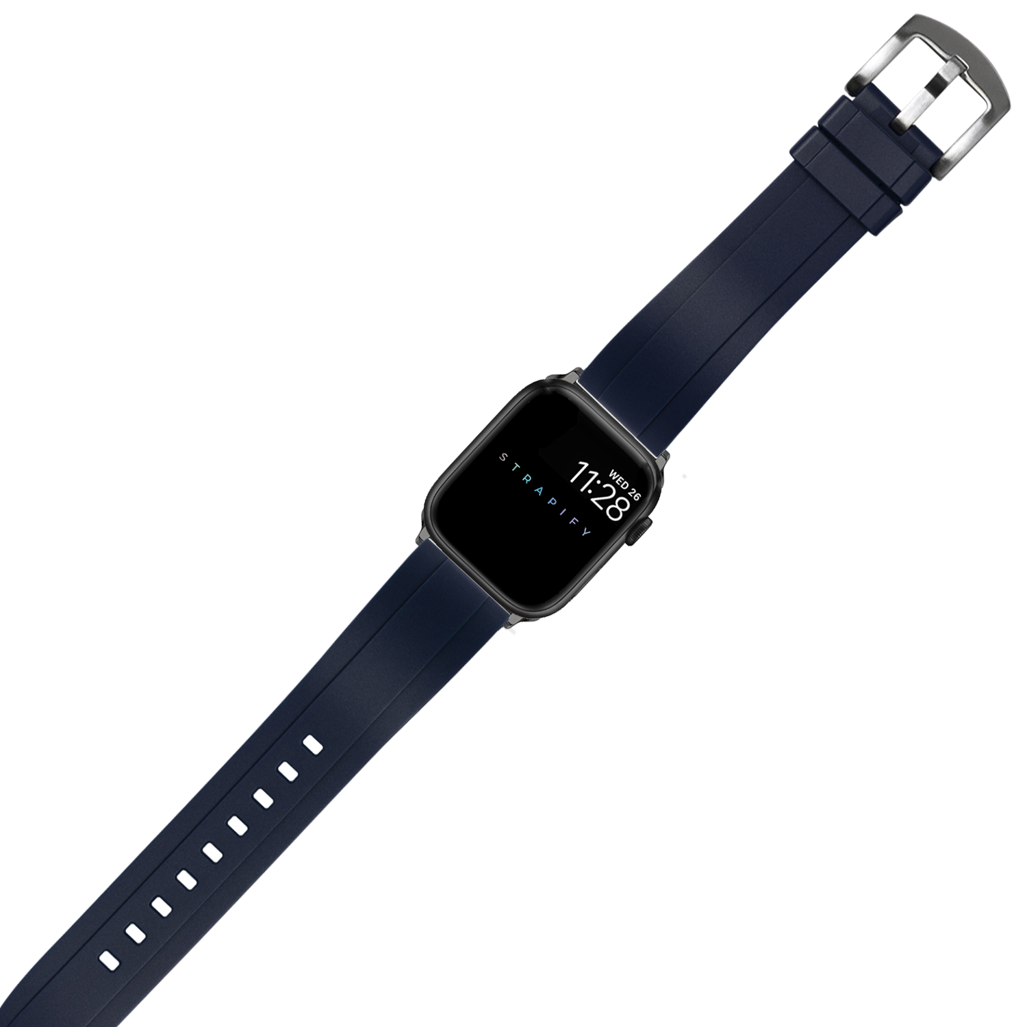 Navy blue smartwatch with square display, digital time shown, silver buckle, and rubber strap with ventilation holes