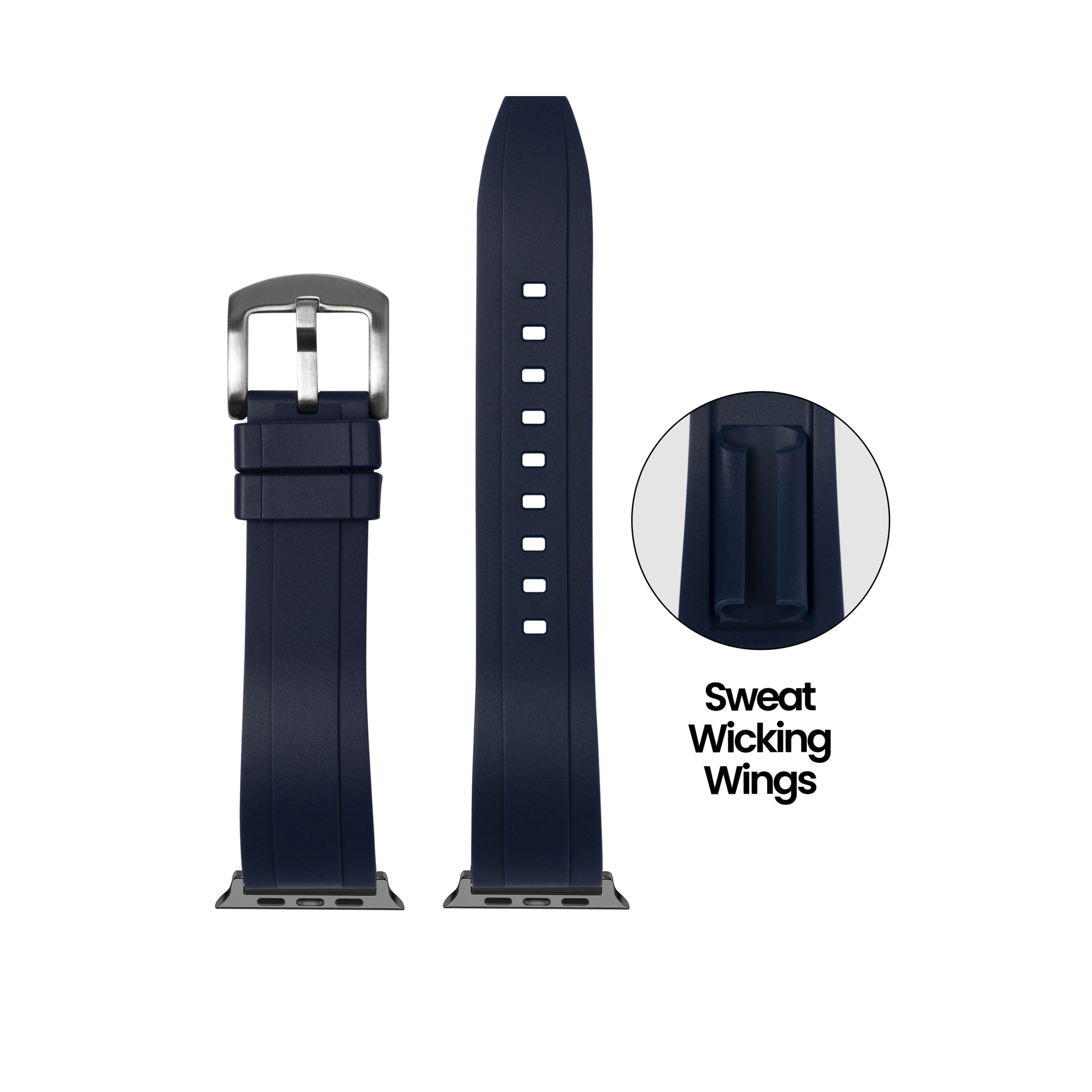 Navy blue FKM rubber smartwatch band with stainless steel buckle and sweat-wicking interior wings for Apple Watch