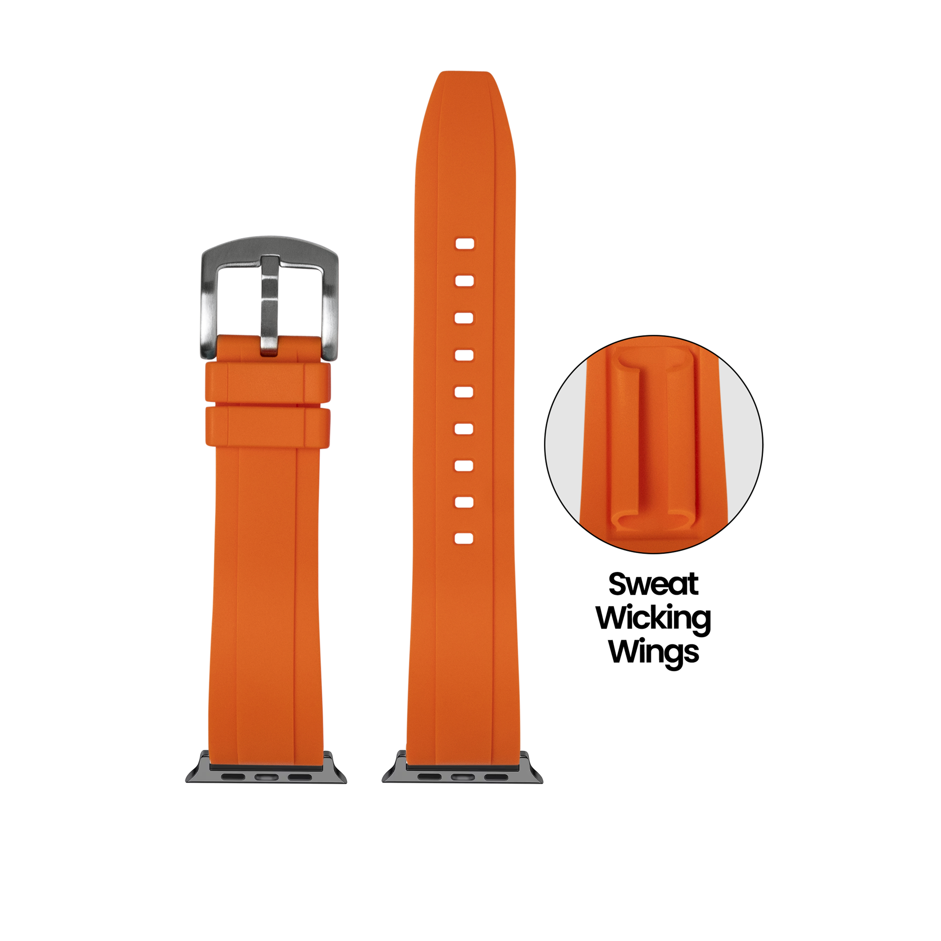 Orange FKM rubber Apple Watch band with silver buckle and sweat wicking wings, shown full length and detail view