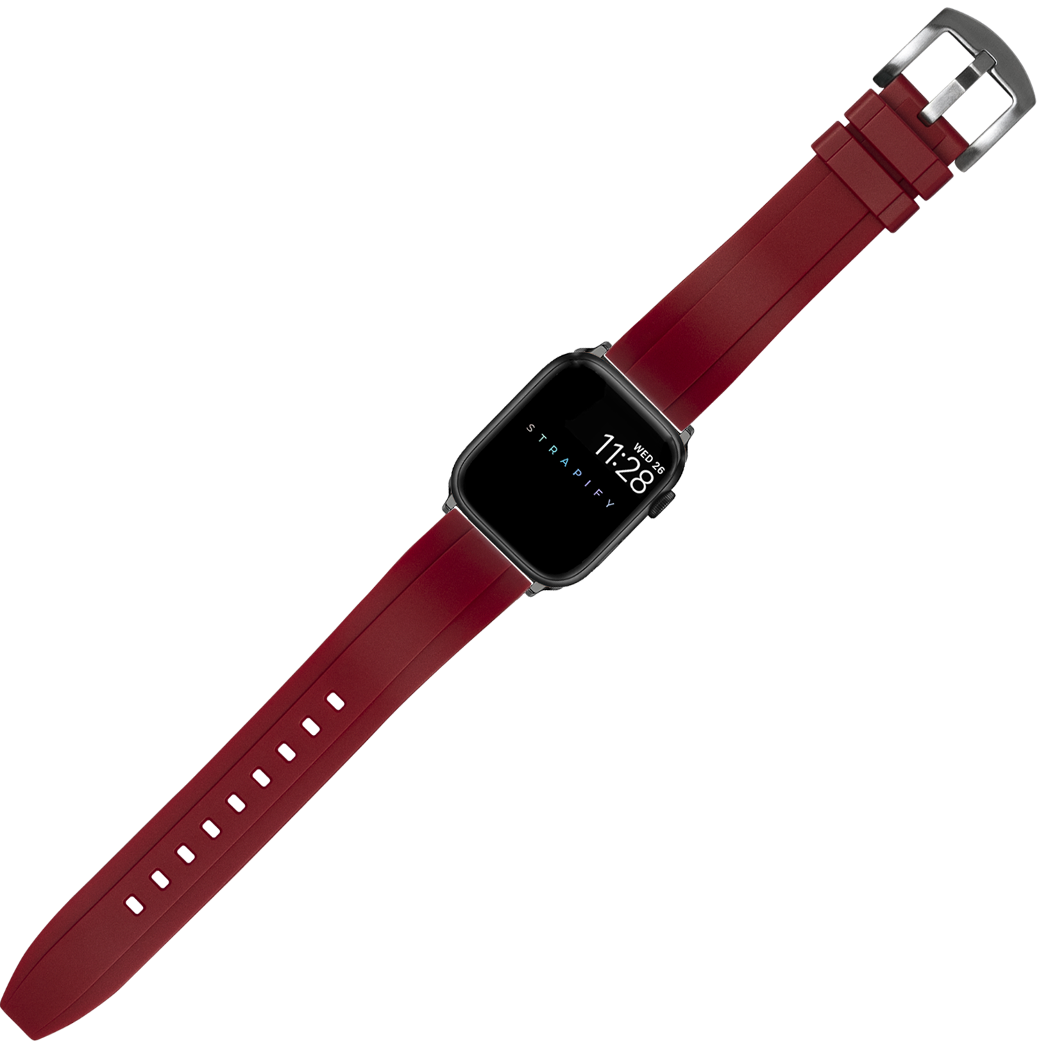 Red silicone smartwatch band with metal buckle for Apple Watch, featuring textured rubber strap and adjustable fit