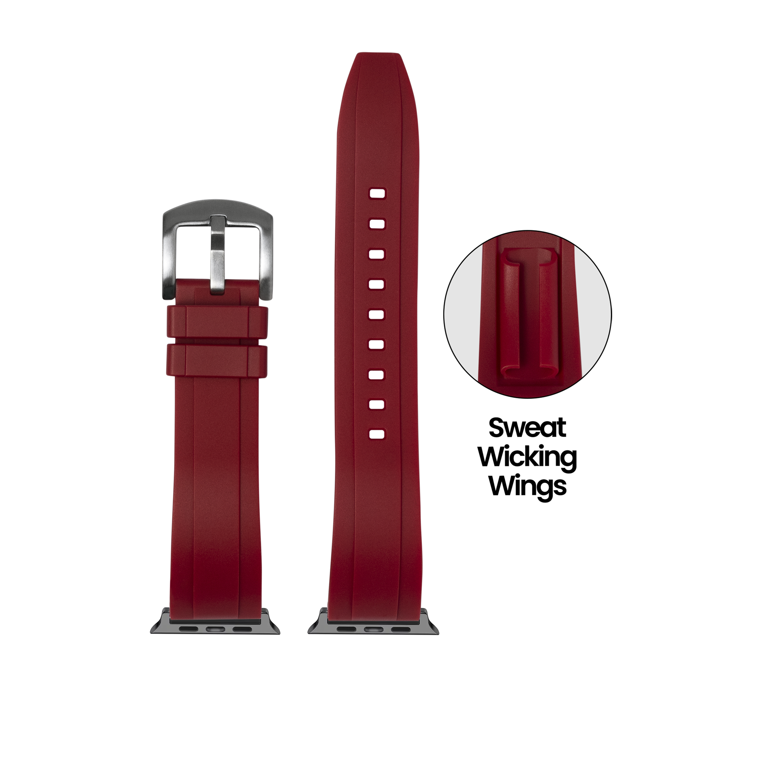 Burgundy FKM rubber Apple Watch band with sweat-wicking wings, stainless steel buckle, and adjustable holes for secure fit