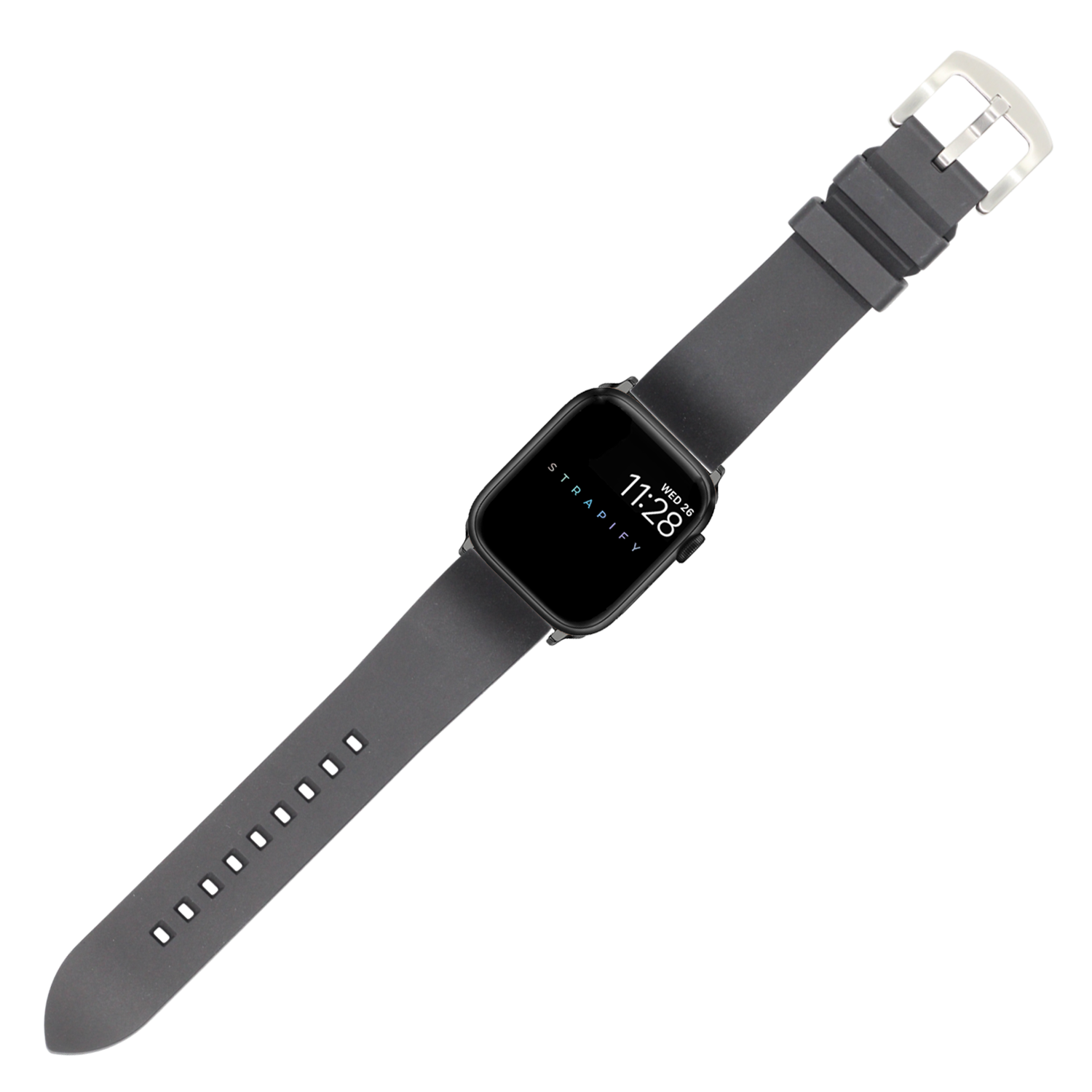 Black FKM rubber smartwatch band with silver buckle and adjustment holes, compatible with Apple Watch