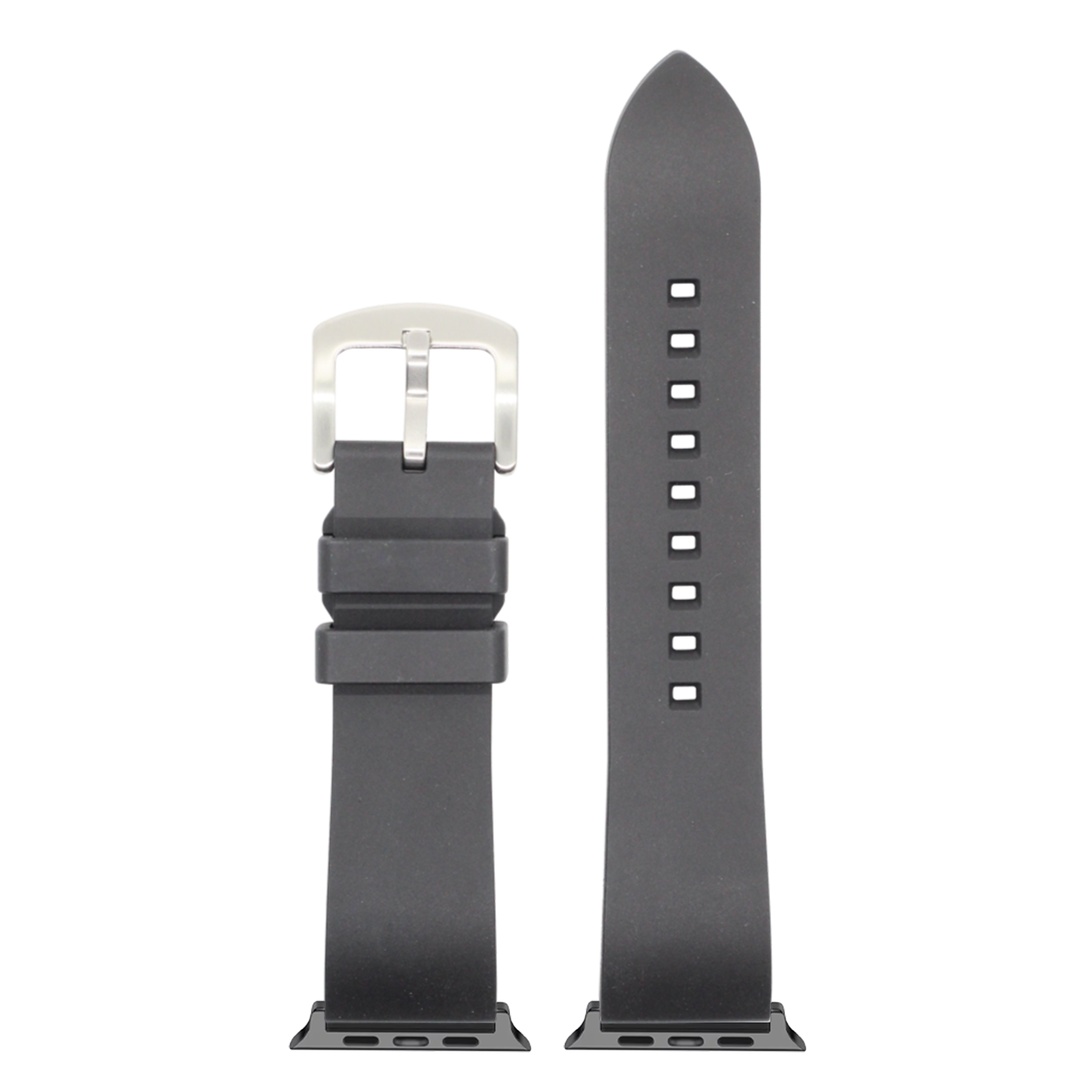 Black FKM rubber smartwatch band with silver buckle and connector lugs, shown assembled and disassembled