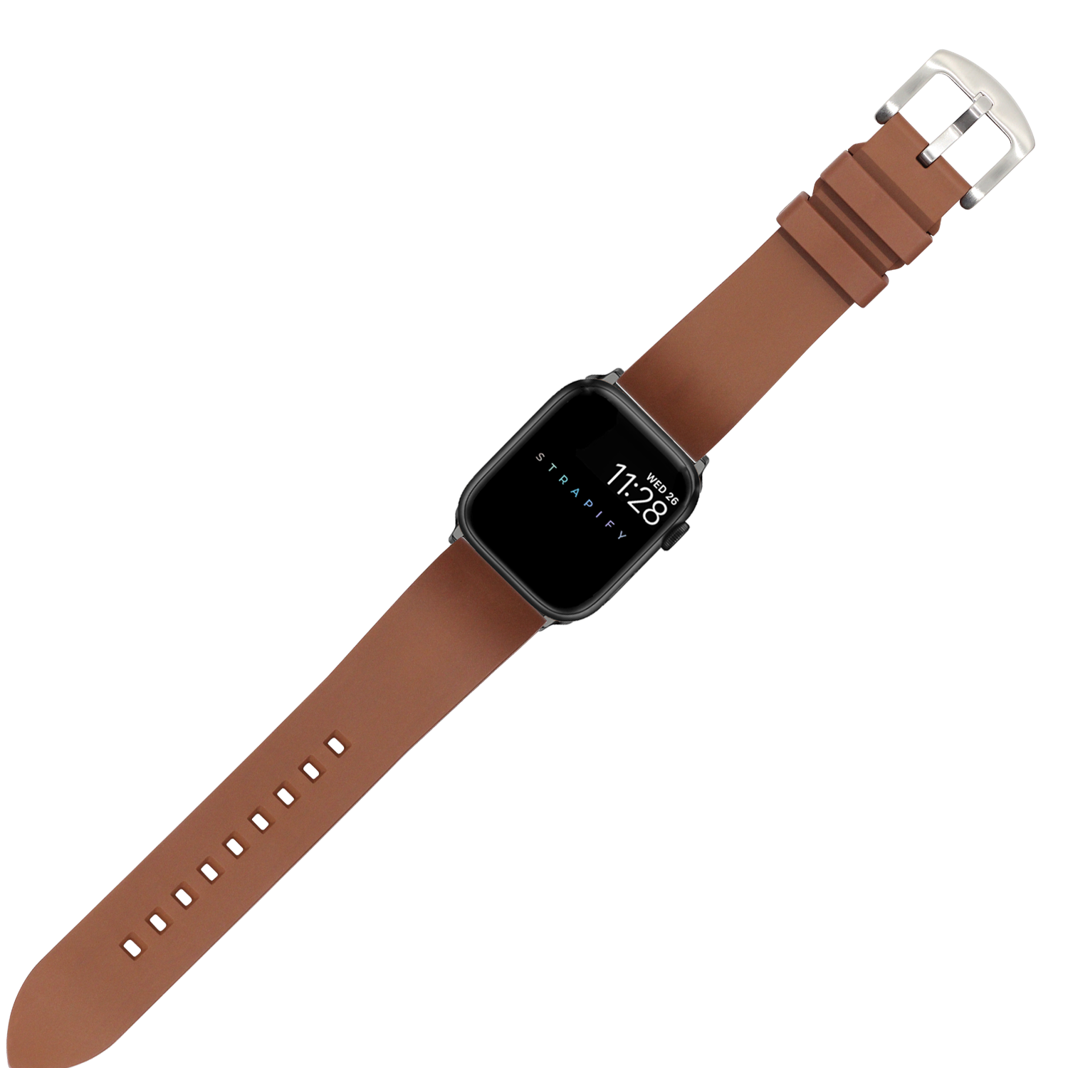 Brown FKM rubber smartwatch band with silver buckle and adjustment holes for Apple Watch