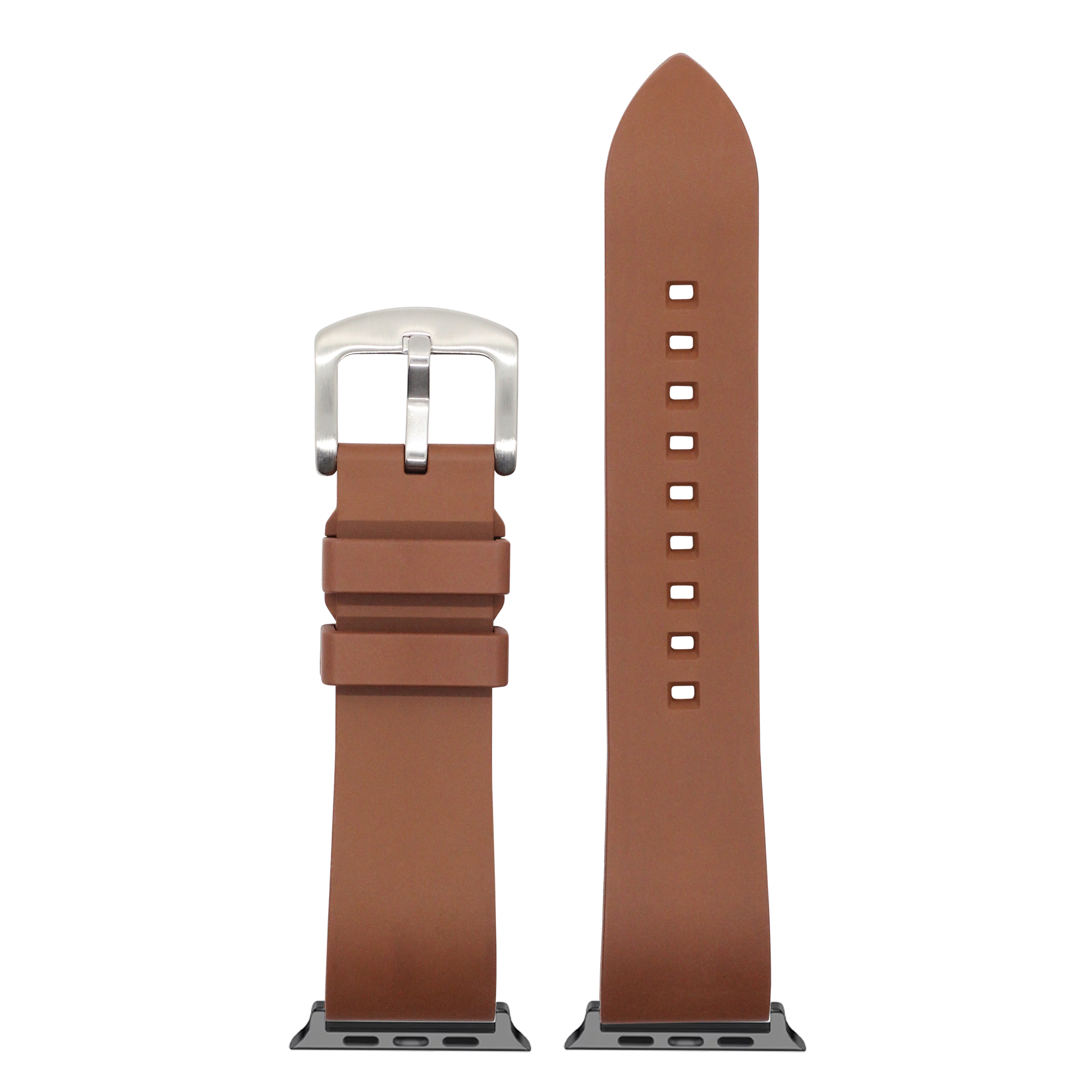 Brown FKM rubber smartwatch band with silver buckle and sport holes, shown assembled and disassembled view