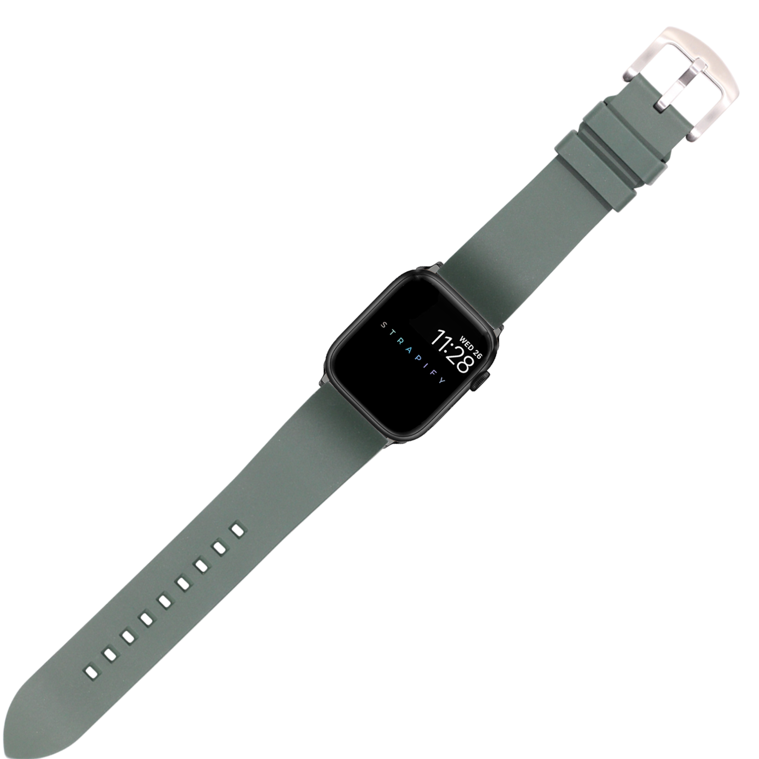 Apple Watch with forest green FKM rubber sport band and silver buckle, displaying time on black square face