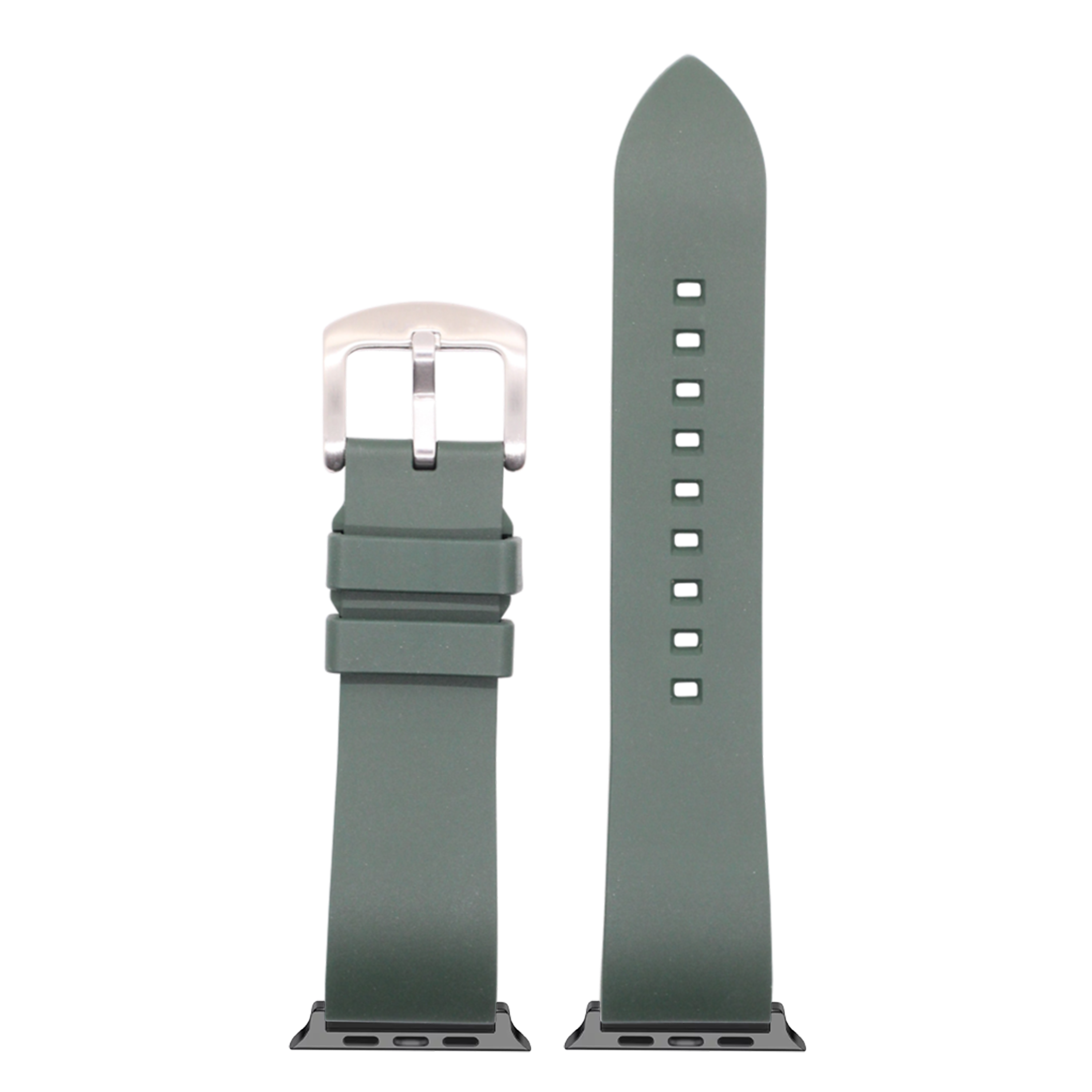 Forest green FKM rubber smartwatch band with silver buckle and connector adapters for Apple Watch