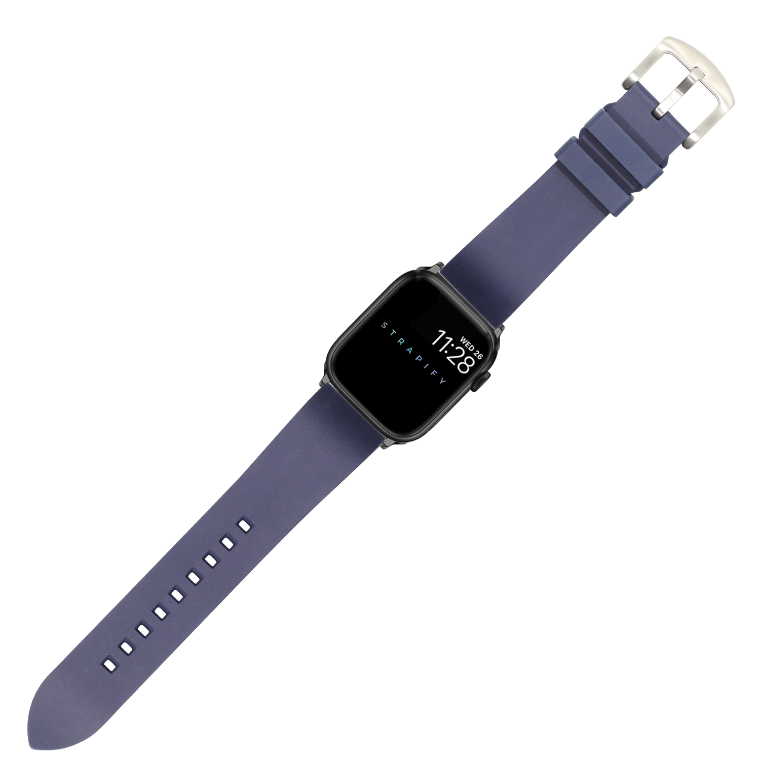 Apple Watch with navy blue FKM rubber band and silver buckle displaying time on black square face