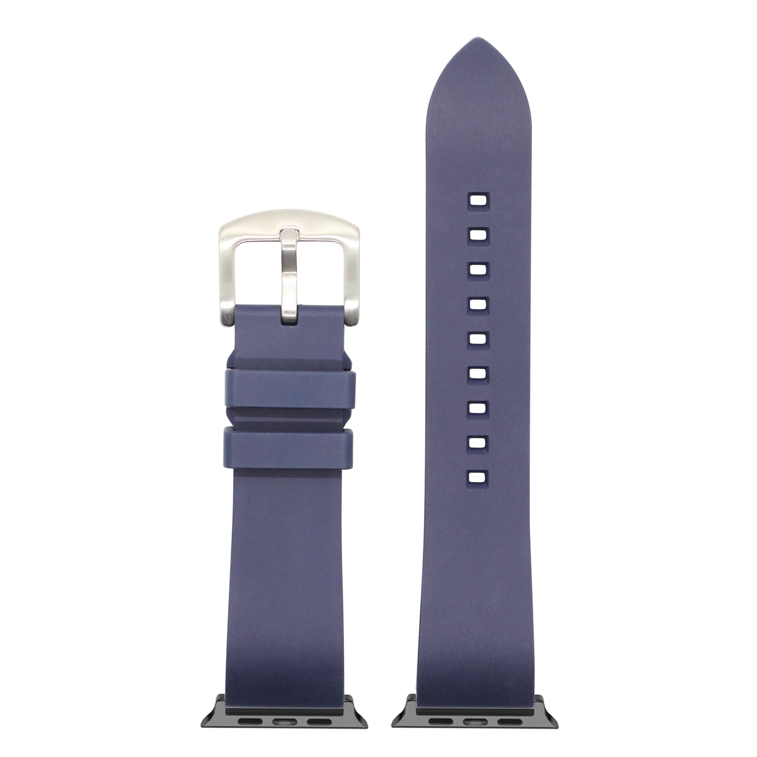Navy blue FKM rubber smartwatch band with silver buckle and connector adapters displayed separately
