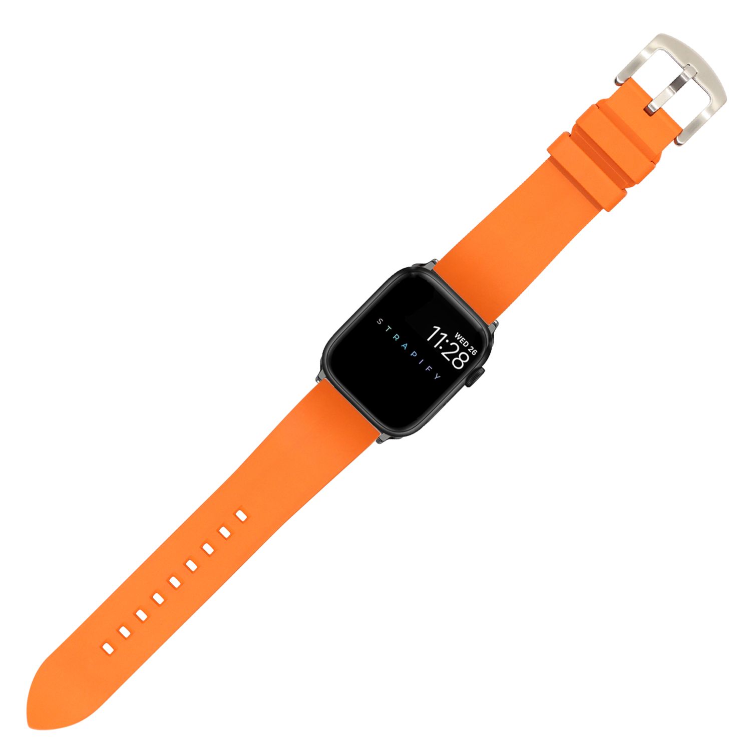 Orange FKM rubber smartwatch band with silver buckle for Apple Watch, displayed on black watch face showing time