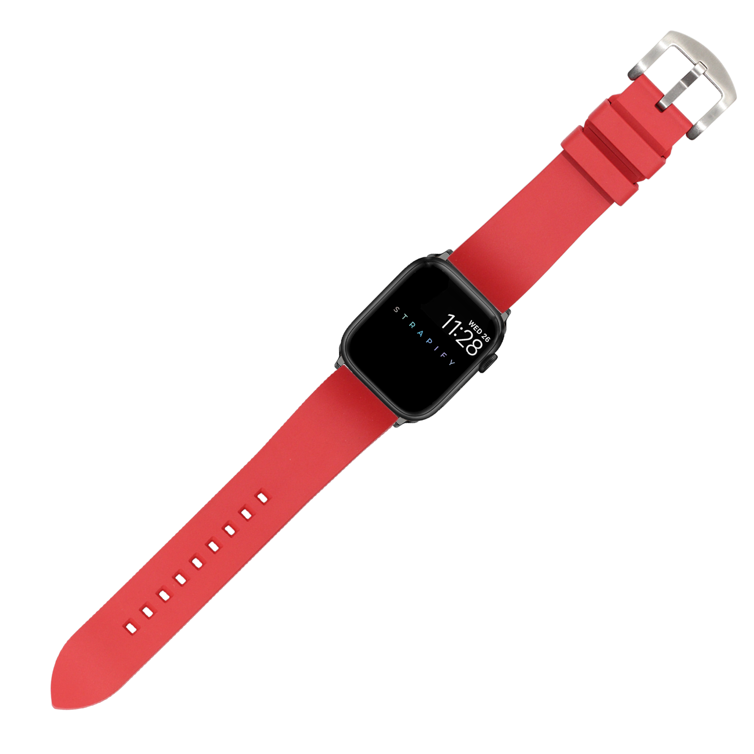 Red FKM rubber smartwatch band with silver buckle for Apple Watch, displaying time 11:28 on black square face