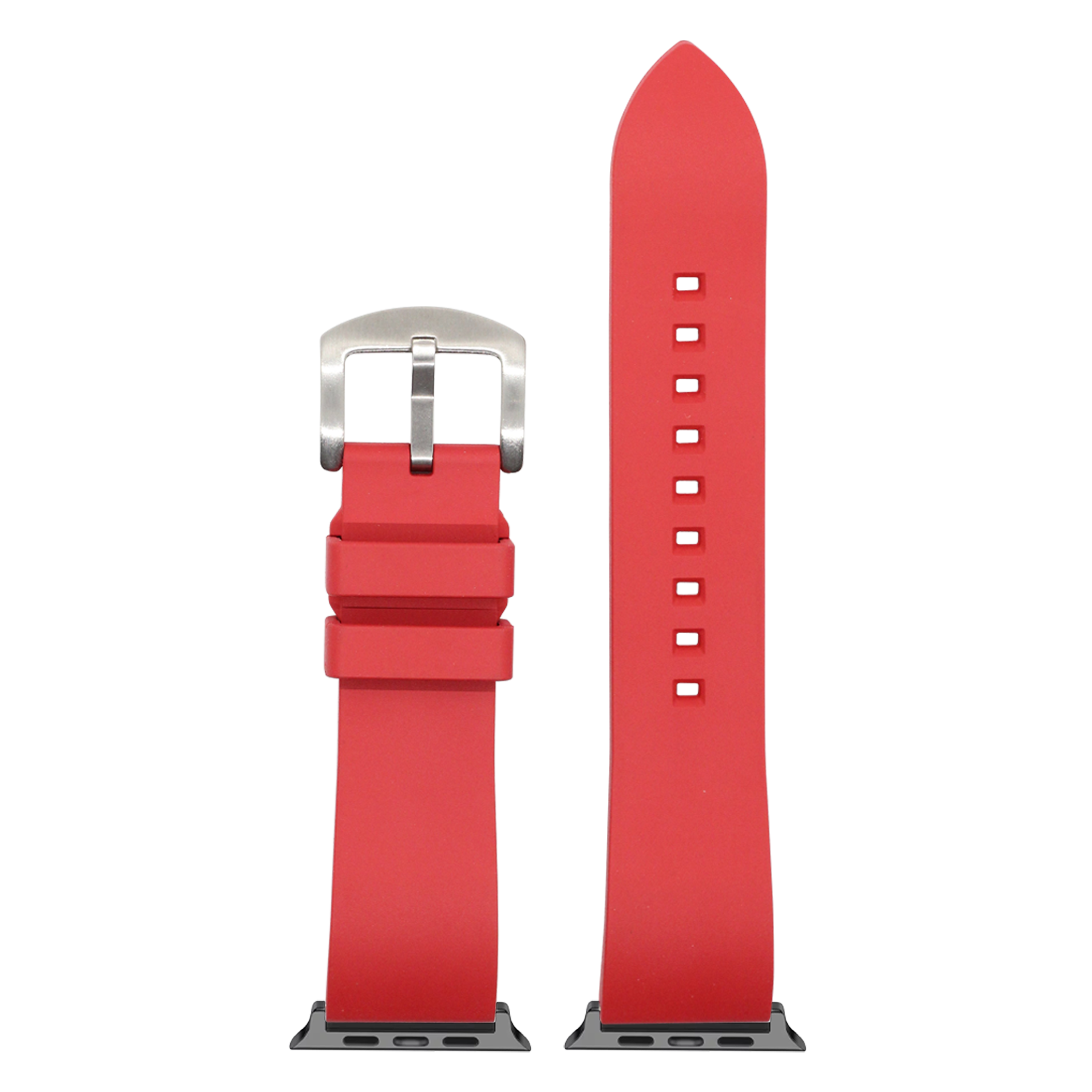 Red FKM rubber smartwatch band with silver buckle and quick-release connector pins for Apple Watch