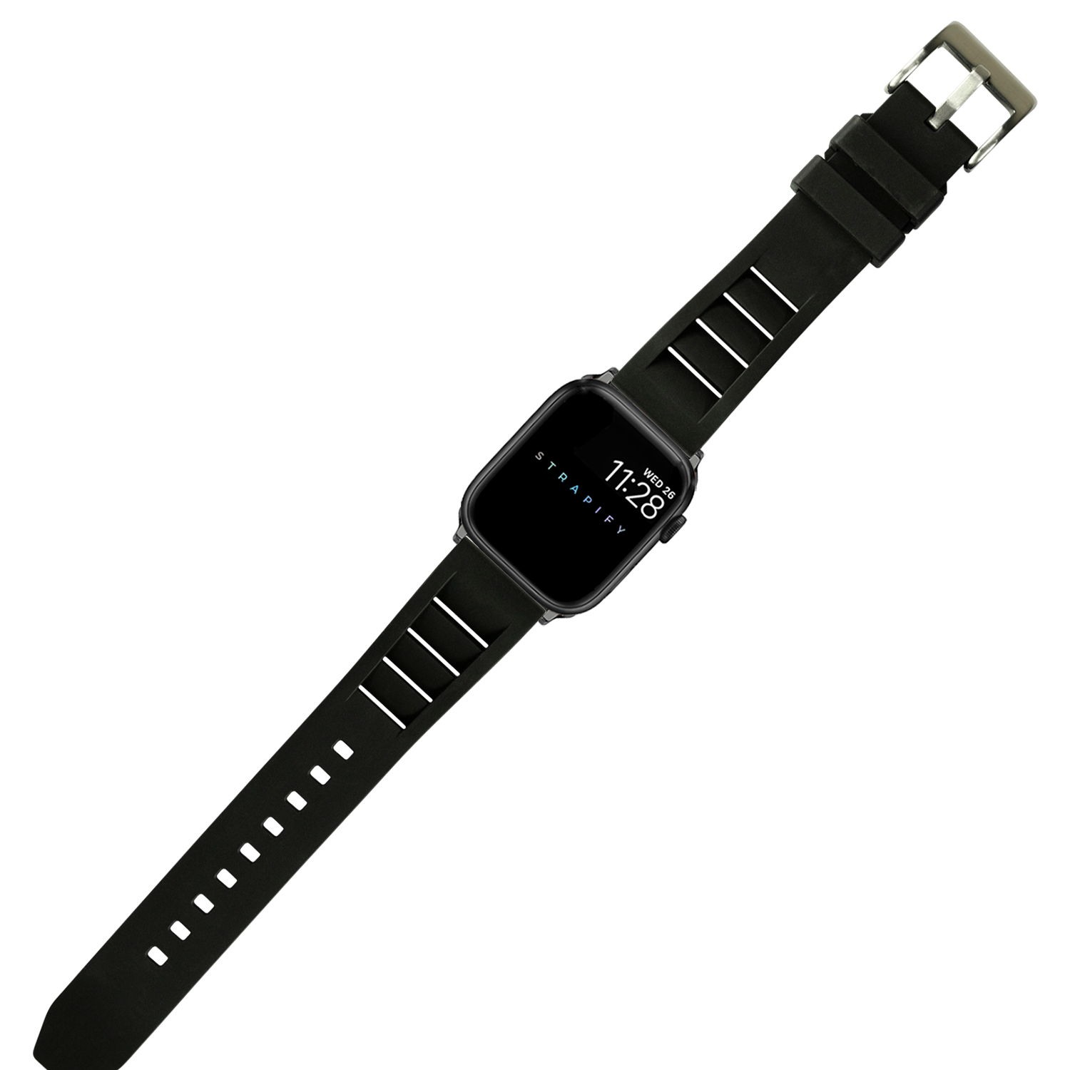 Black FKM rubber smartwatch band with shark fin design and silver buckle for Apple Watch