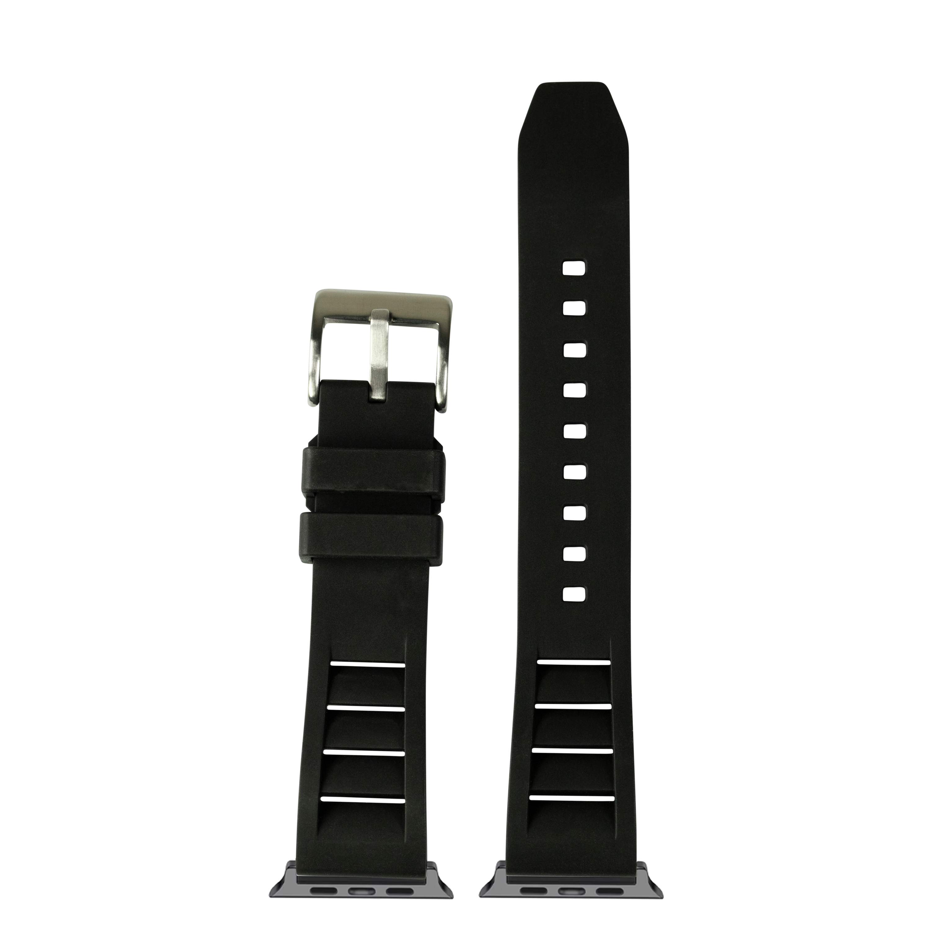 Black FKM rubber Apple Watch band with silver buckle and sport strap design shown assembled and unassembled