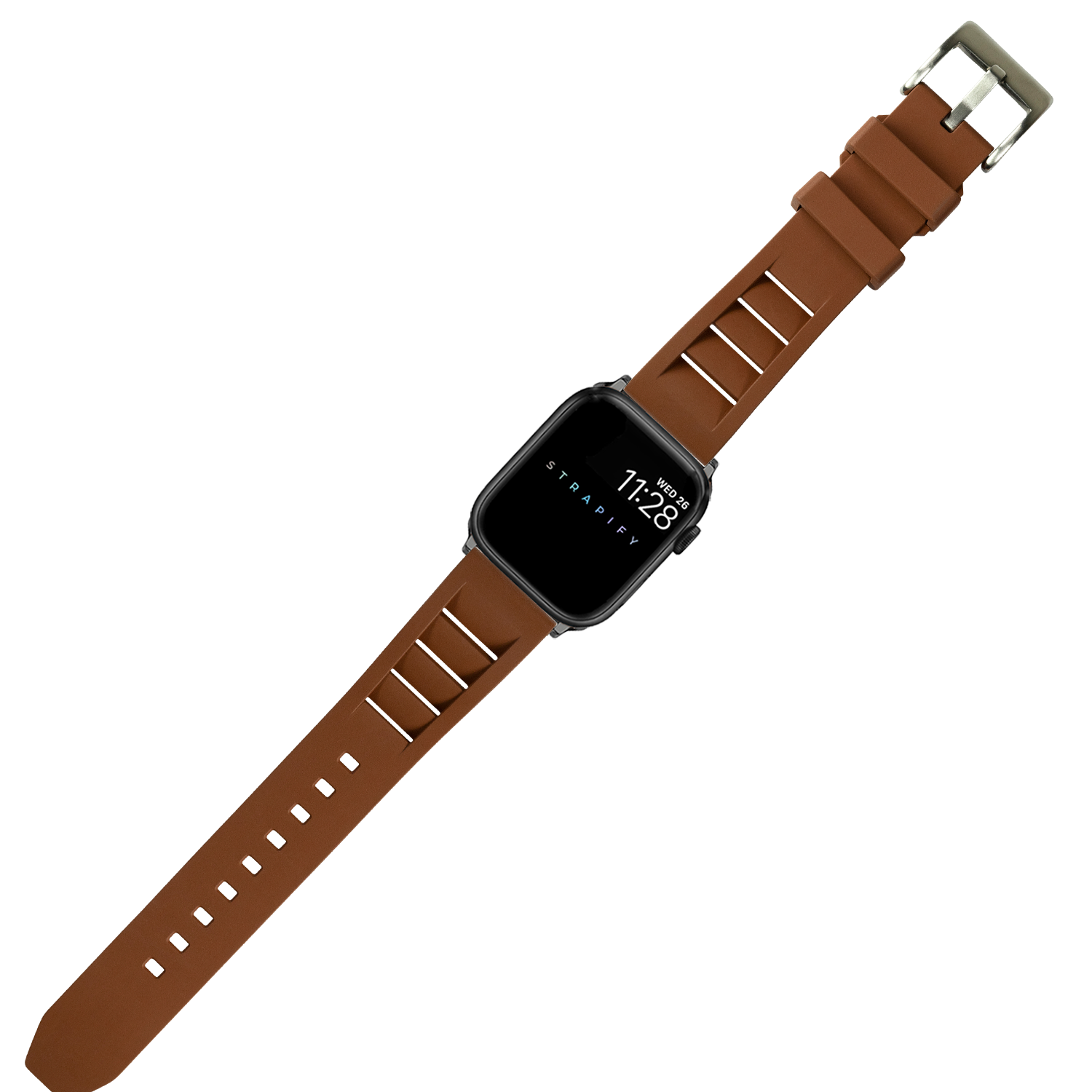 Brown FKM rubber smartwatch band with shark fin design and silver buckle for Apple Watch