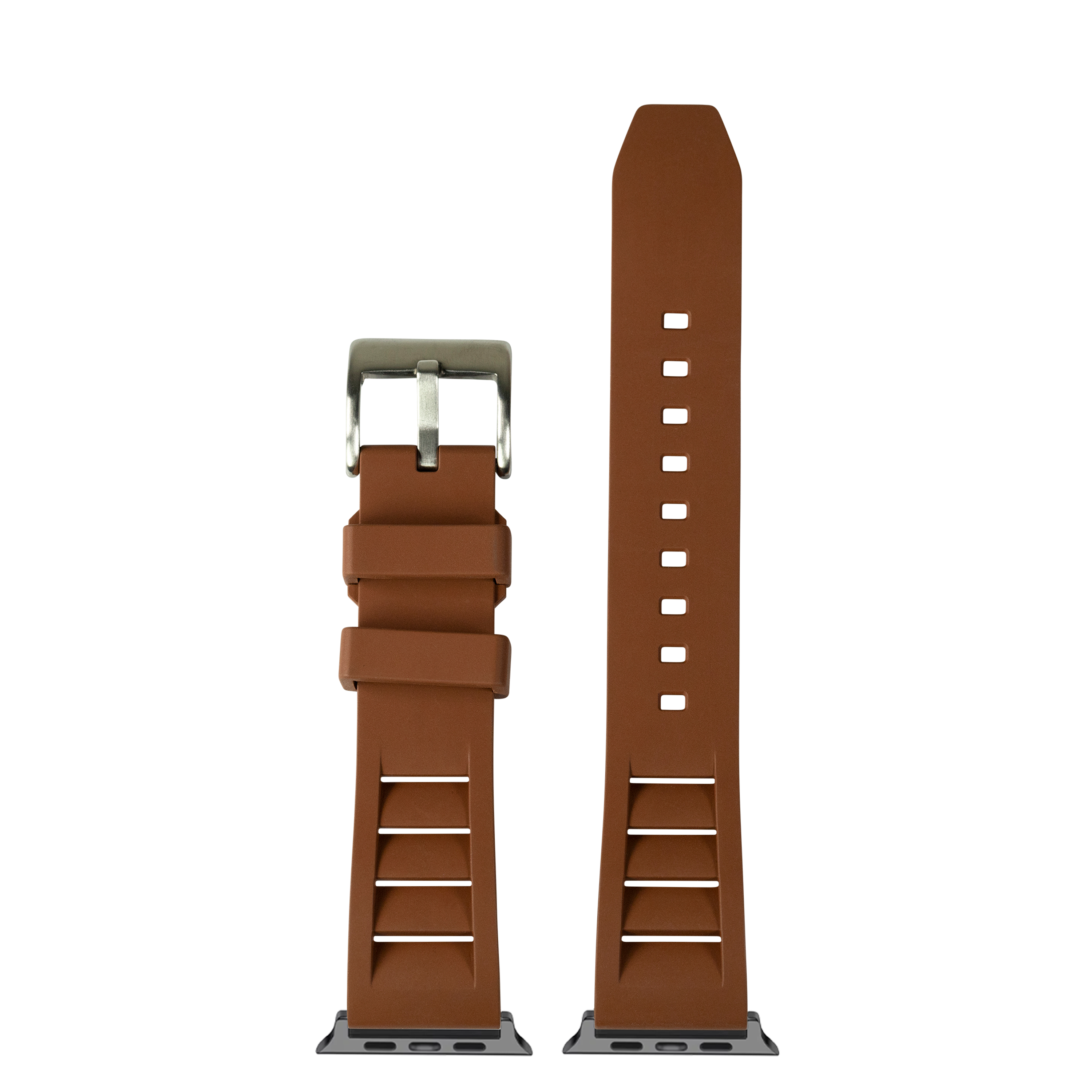 Brown FKM rubber smartwatch band with silver buckle and adjustment holes, displayed flat and attached to connector piece