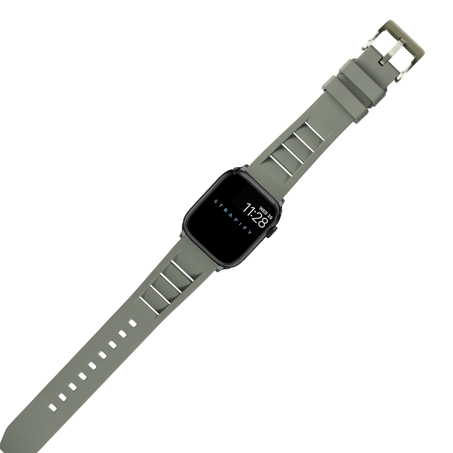 Sage green FKM rubber smartwatch band with buckle closure and segmented design for Apple Watch