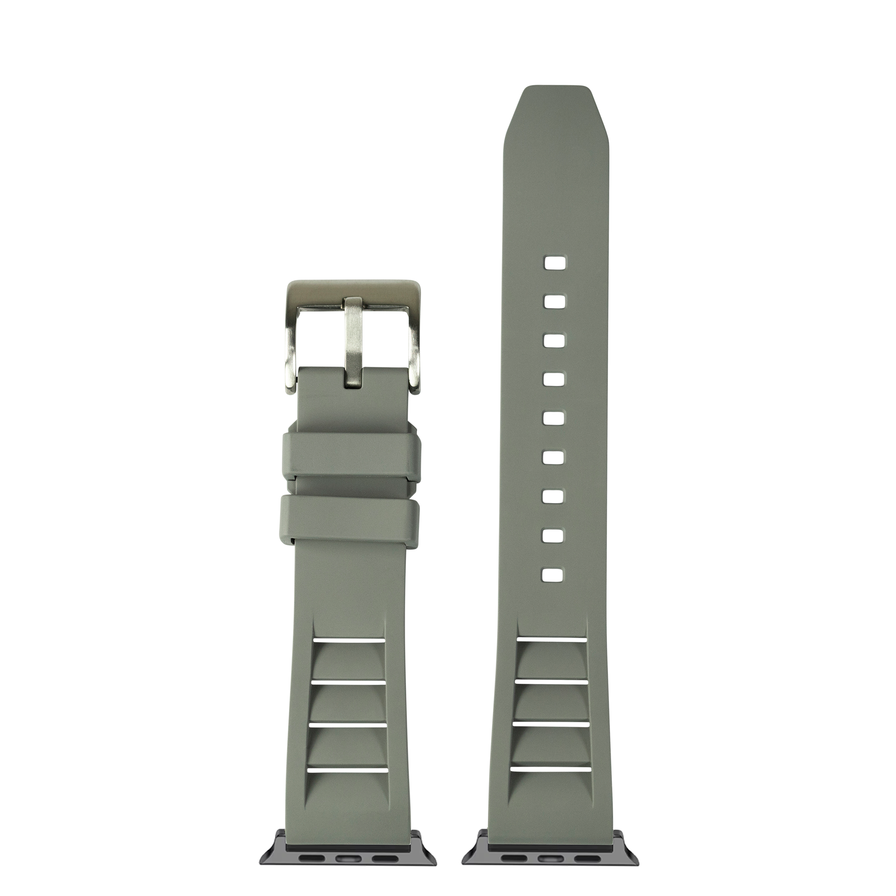 Sage green FKM rubber watch band with buckle and quick-release pins, shown front and back view with sport strap design