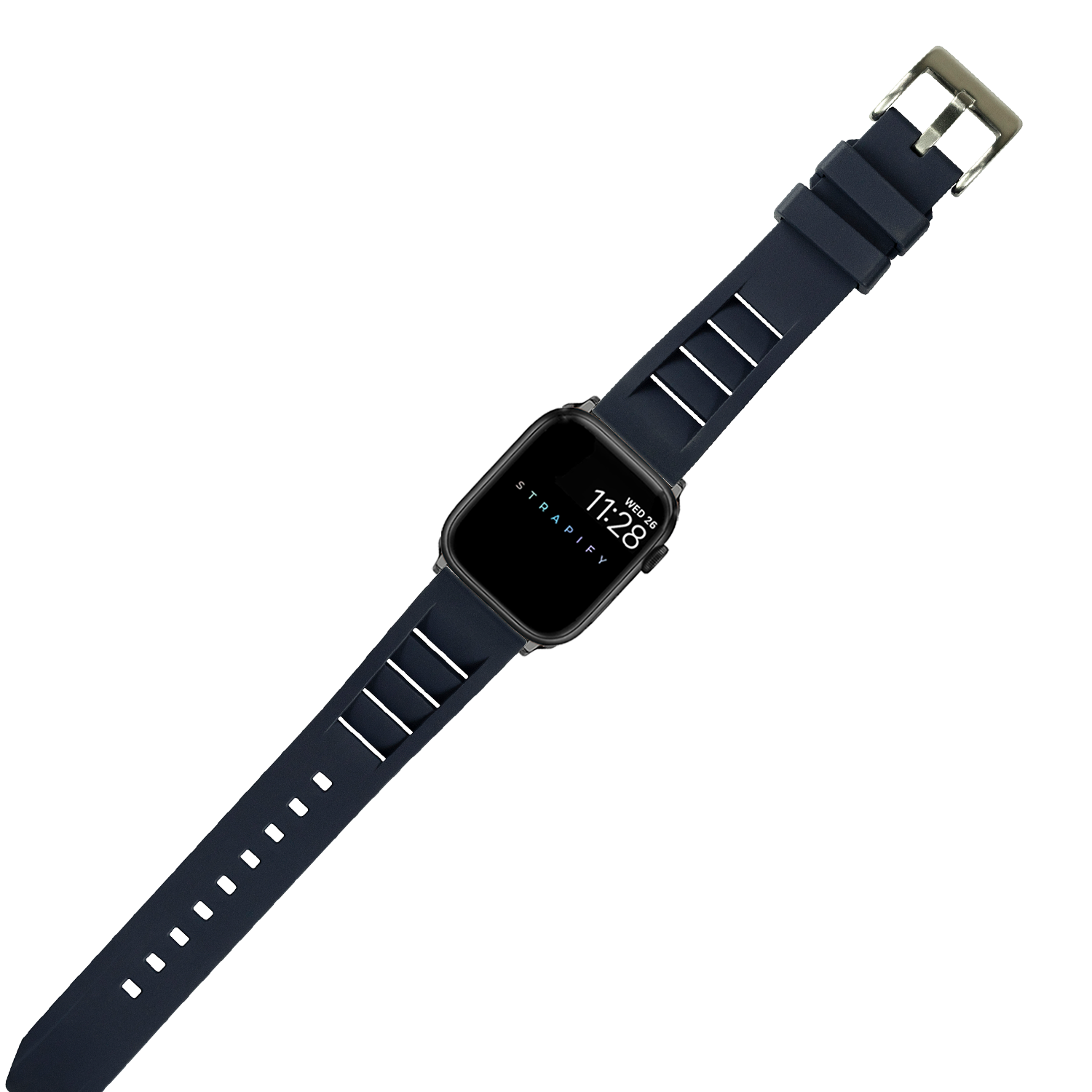 Navy blue FKM rubber smartwatch band with shark fin design and metal buckle for Apple Watch