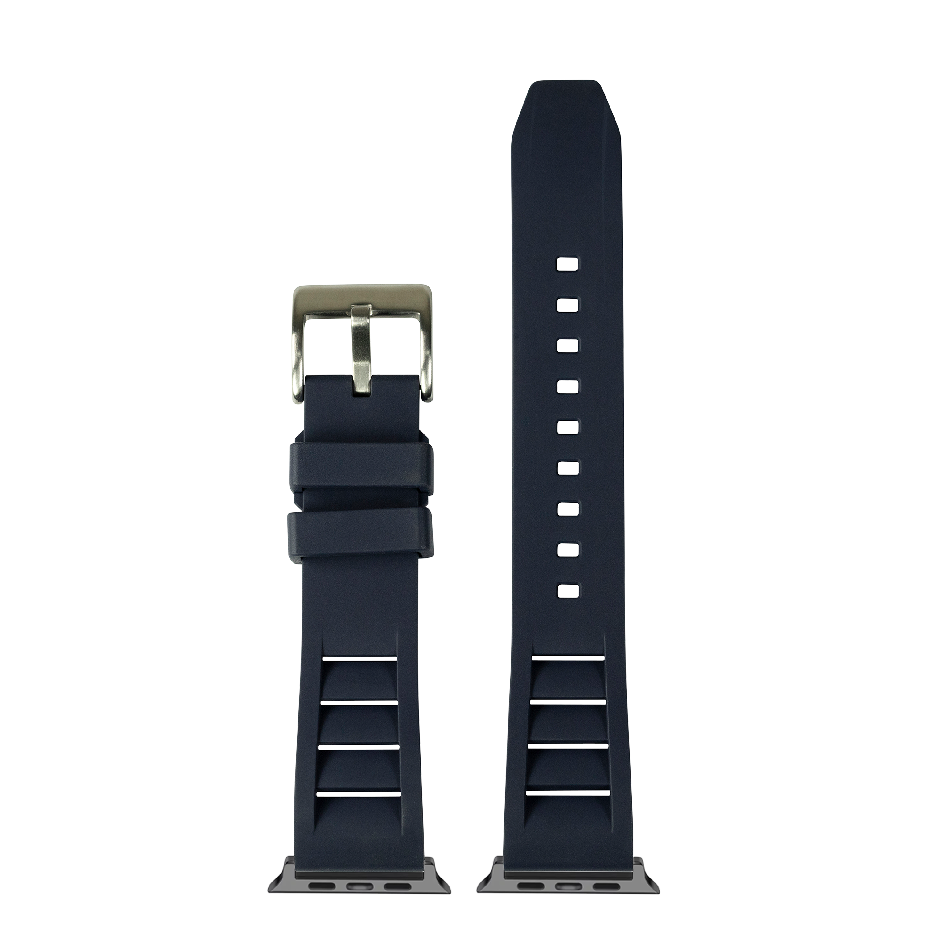 Navy blue FKM rubber Apple Watch band with silver buckle and sport design featuring white grip lines